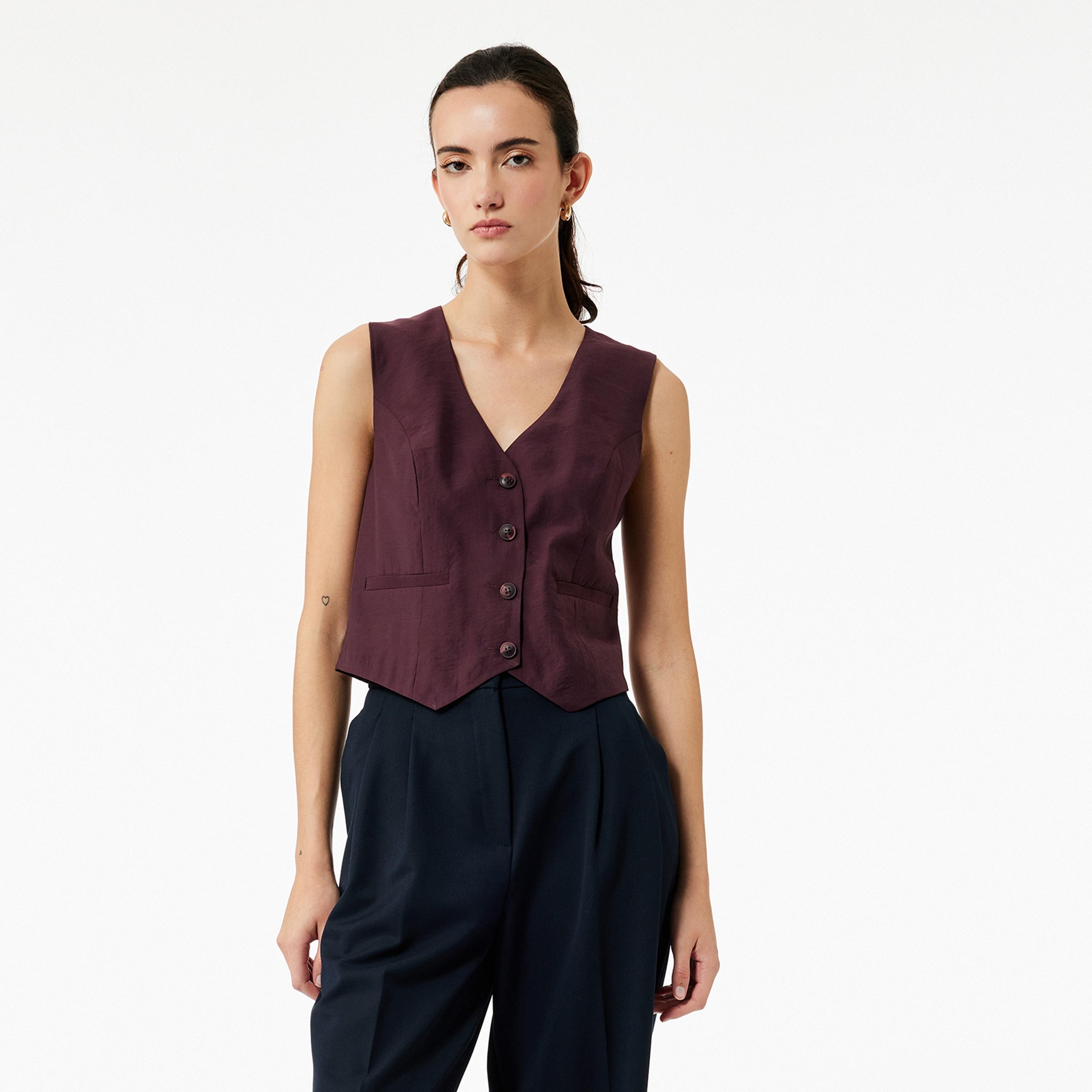 جيليه نسائي مودال بلون بورغندي من كوتون-women-winterwear-coatsandjackets-waistcoats-image-1