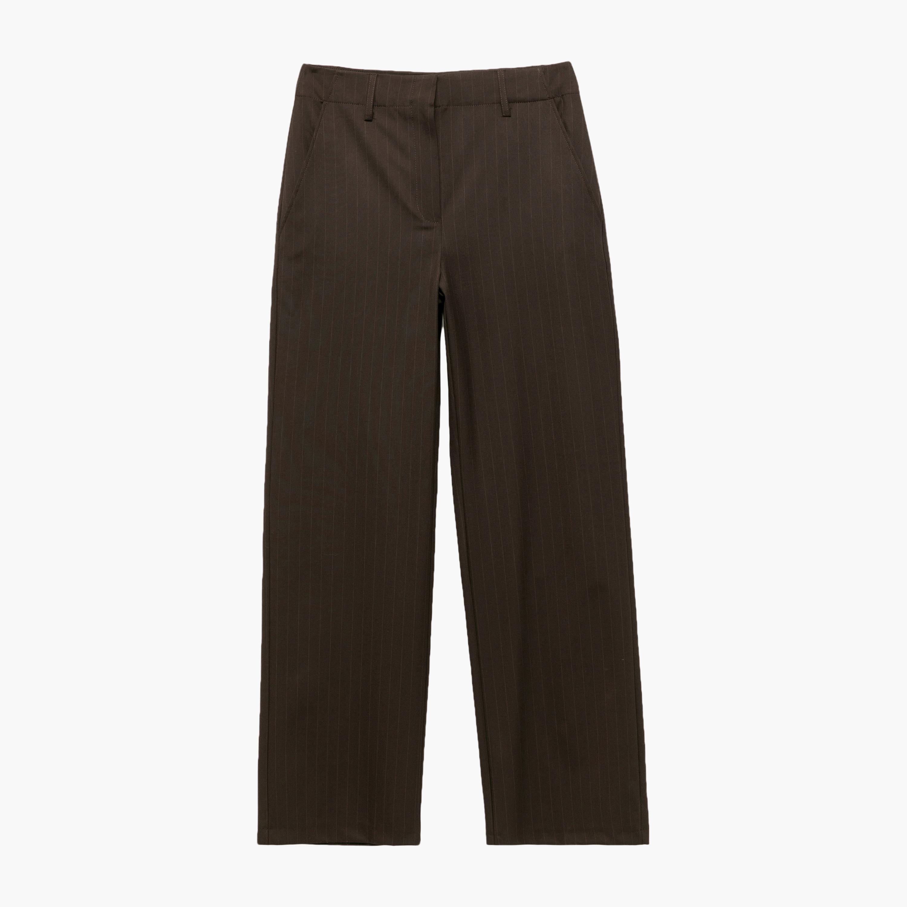 بنطلون نسائي بني مخطط بخطاف وشريط من كوتون-women-clothing-bottoms-trousers-image-3
