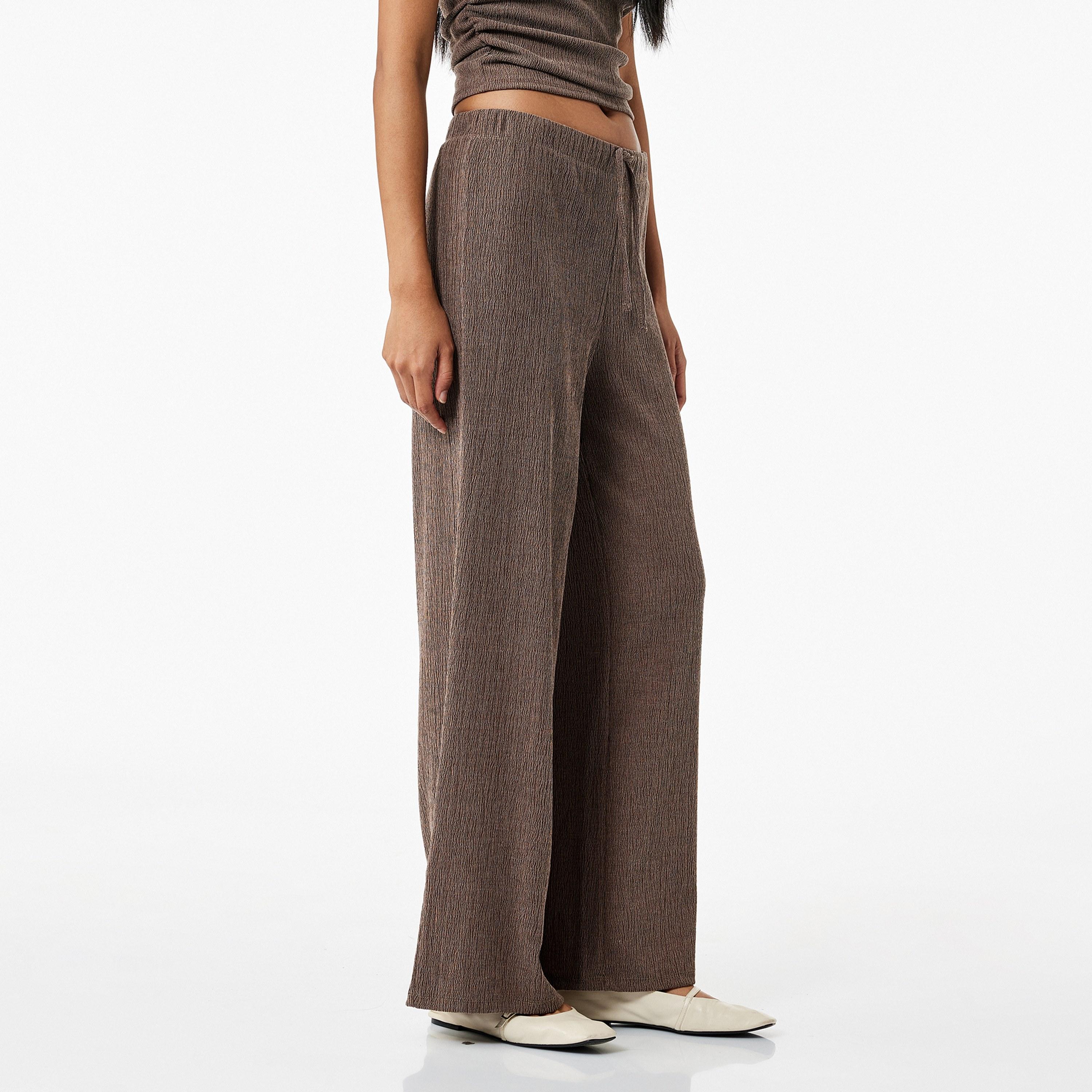 KOTON Brown Crinkled Drawstring Waist Wide Leg Women's Trousers-women-clothing-bottoms-trousers-image-3