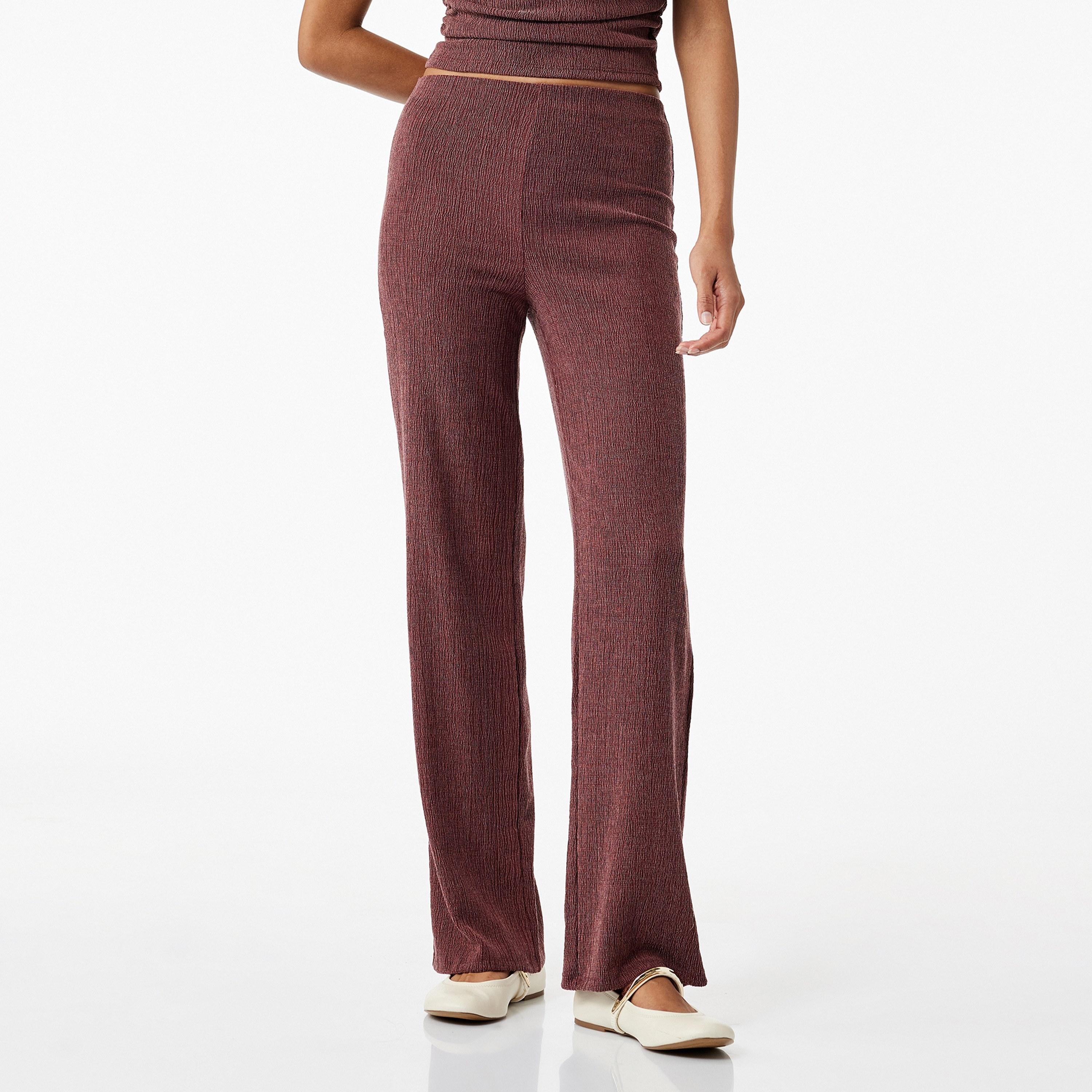 KOTON Brown Crinkled Elasticated Waist Straight Women's Trousers-women-clothing-bottoms-trousers-image-1