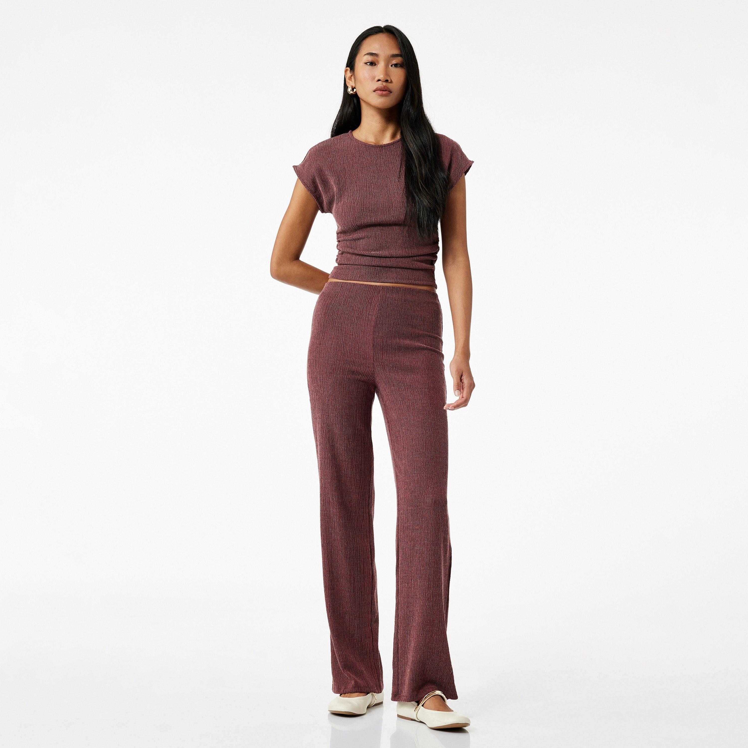 KOTON Brown Crinkled Elasticated Waist Straight Women's Trousers-women-clothing-bottoms-trousers-image-2