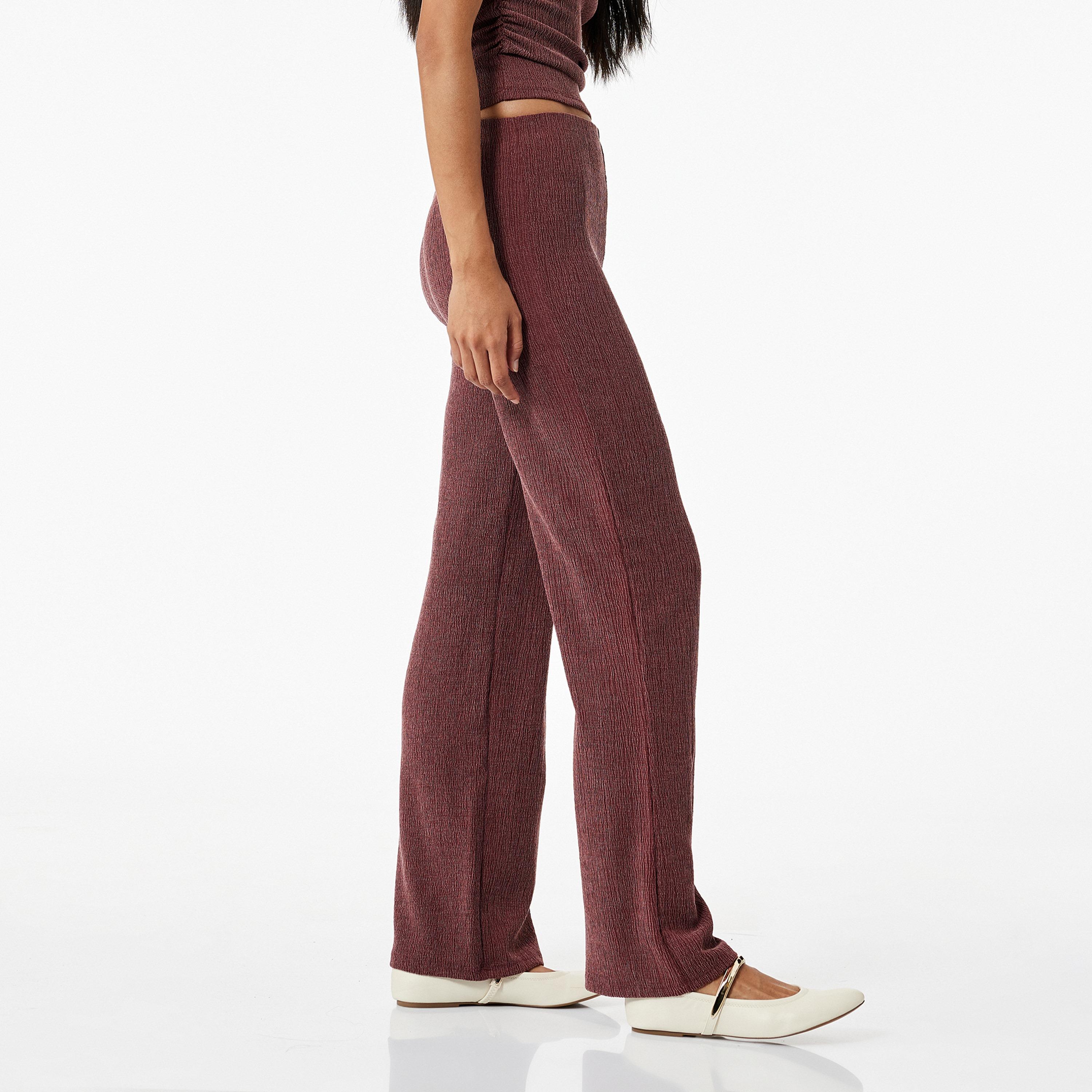 KOTON Brown Crinkled Elasticated Waist Straight Women's Trousers-women-clothing-bottoms-trousers-image-3