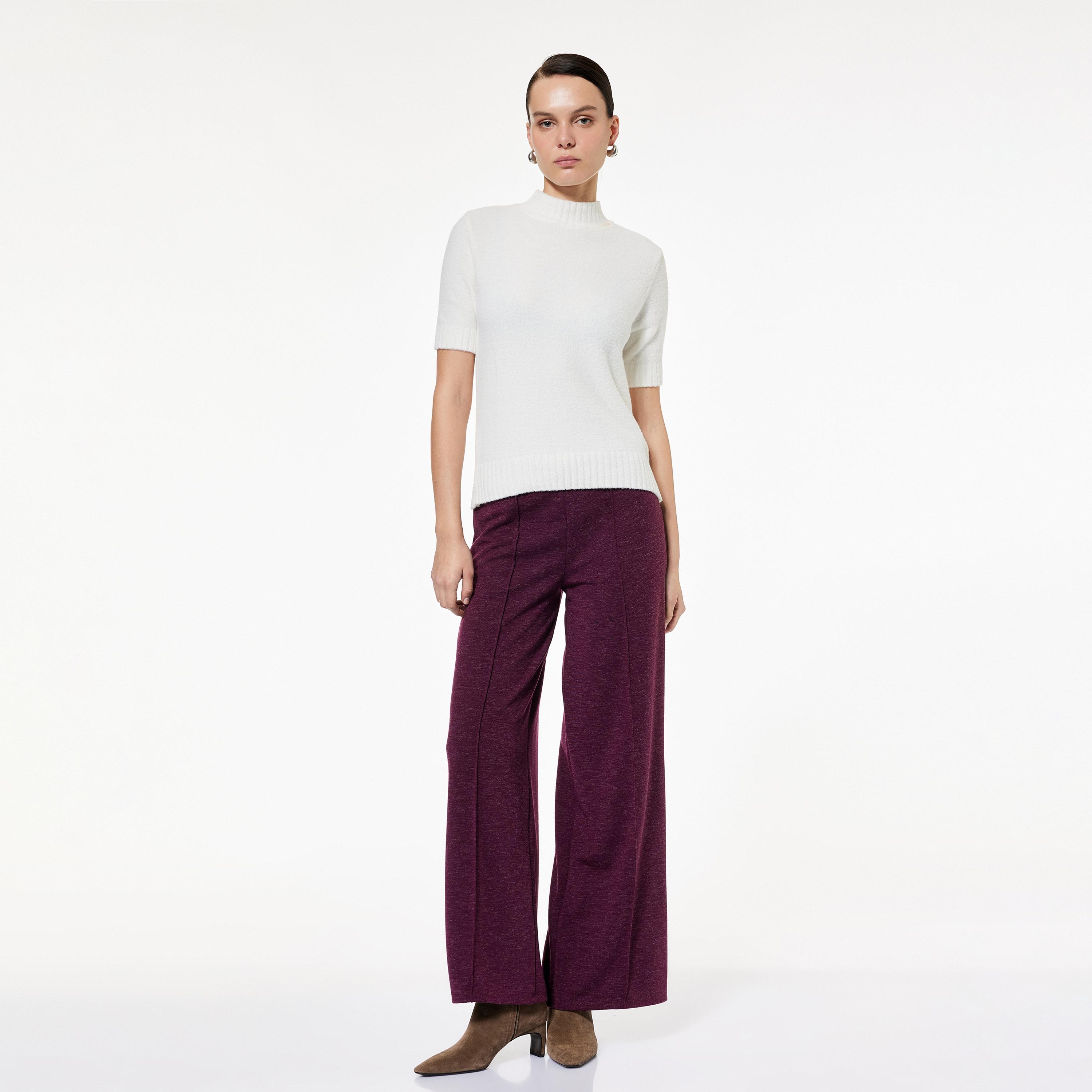 KOTON Burgundy Heathered Wide Leg Women's Trousers-women-clothing-bottoms-trousers-image-2
