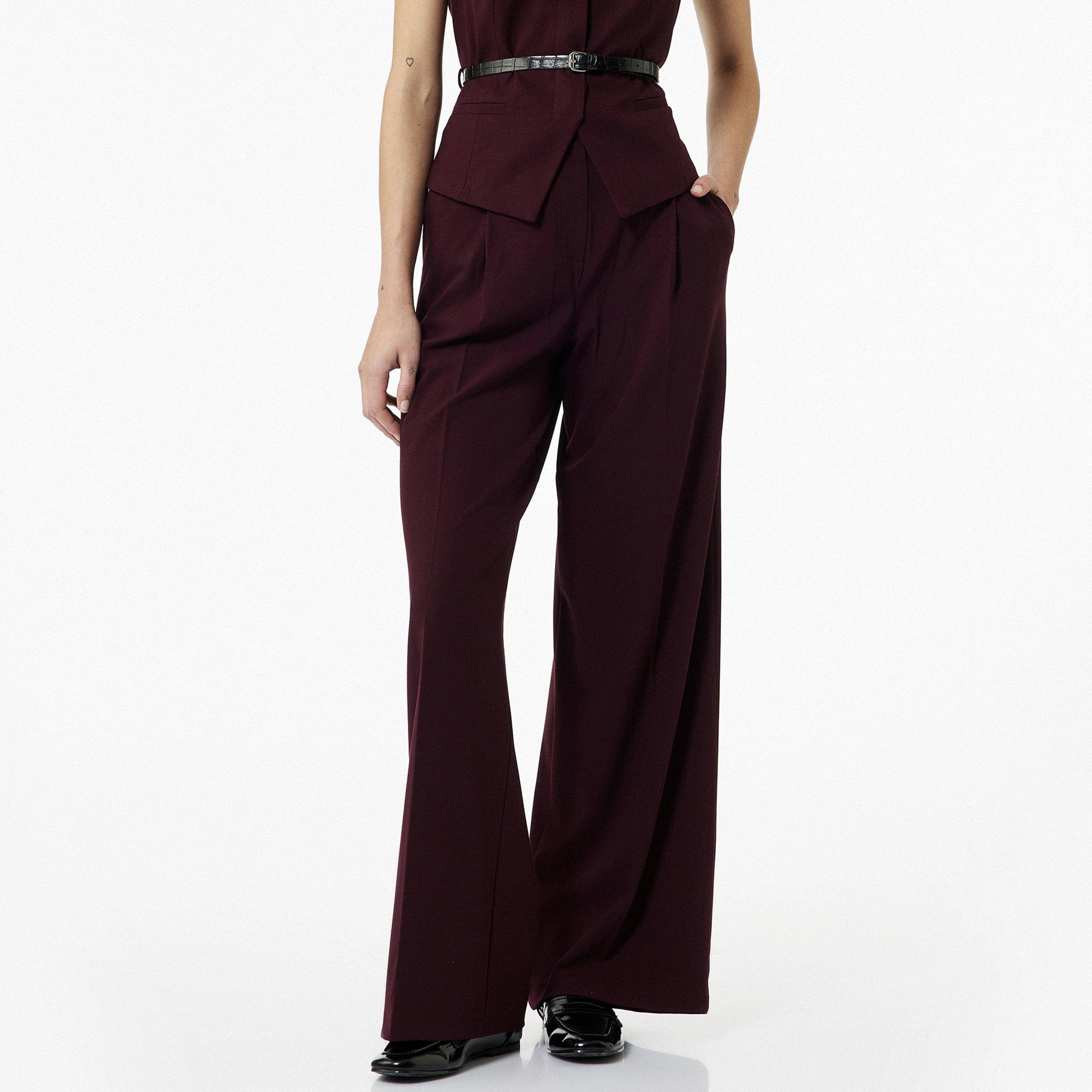 بنطال نسائي بقصة أرجل واسعة وسحاب بلون بورغندي من كوتون-women-clothing-bottoms-trousers-image-1
