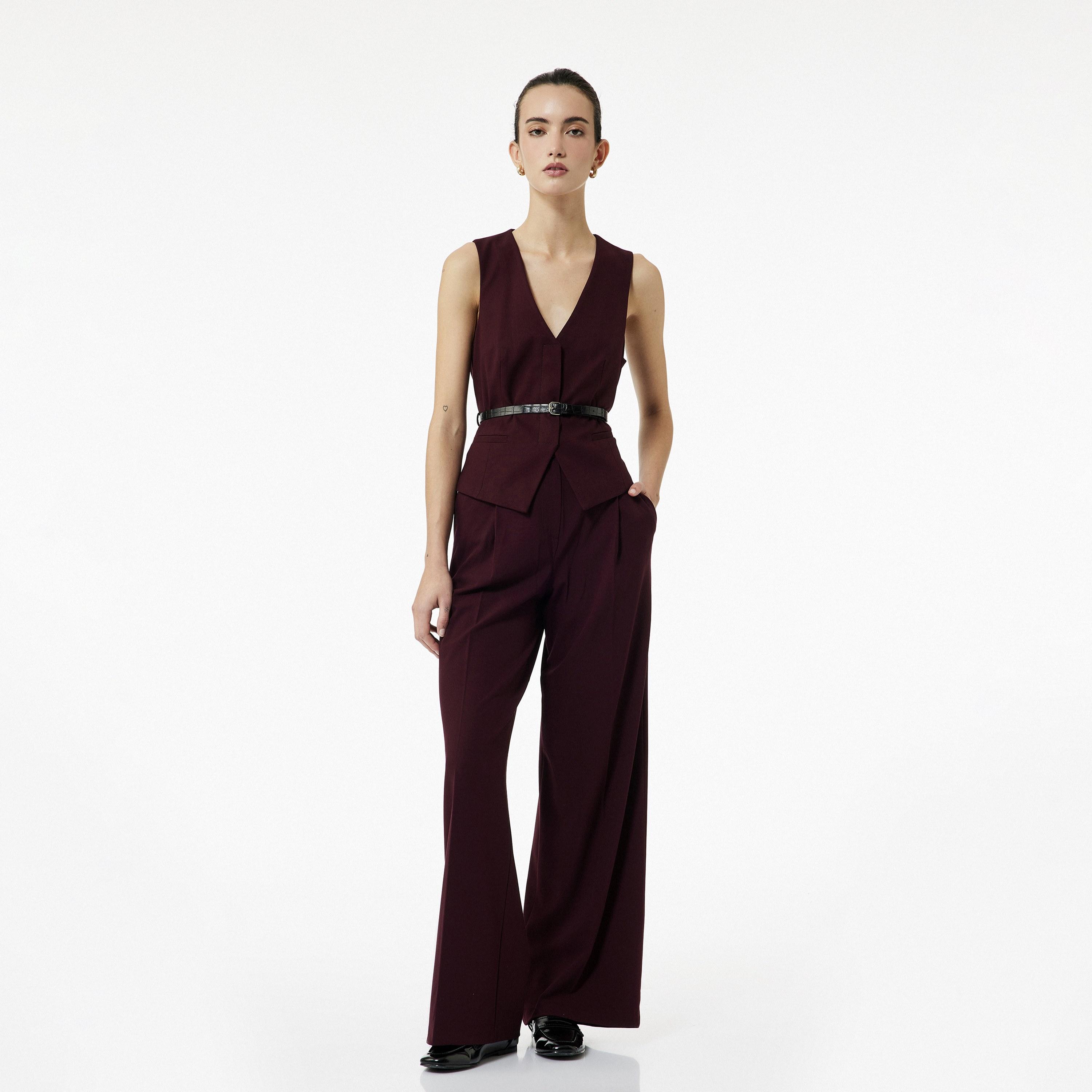 بنطال نسائي بقصة أرجل واسعة وسحاب بلون بورغندي من كوتون-women-clothing-bottoms-trousers-image-2