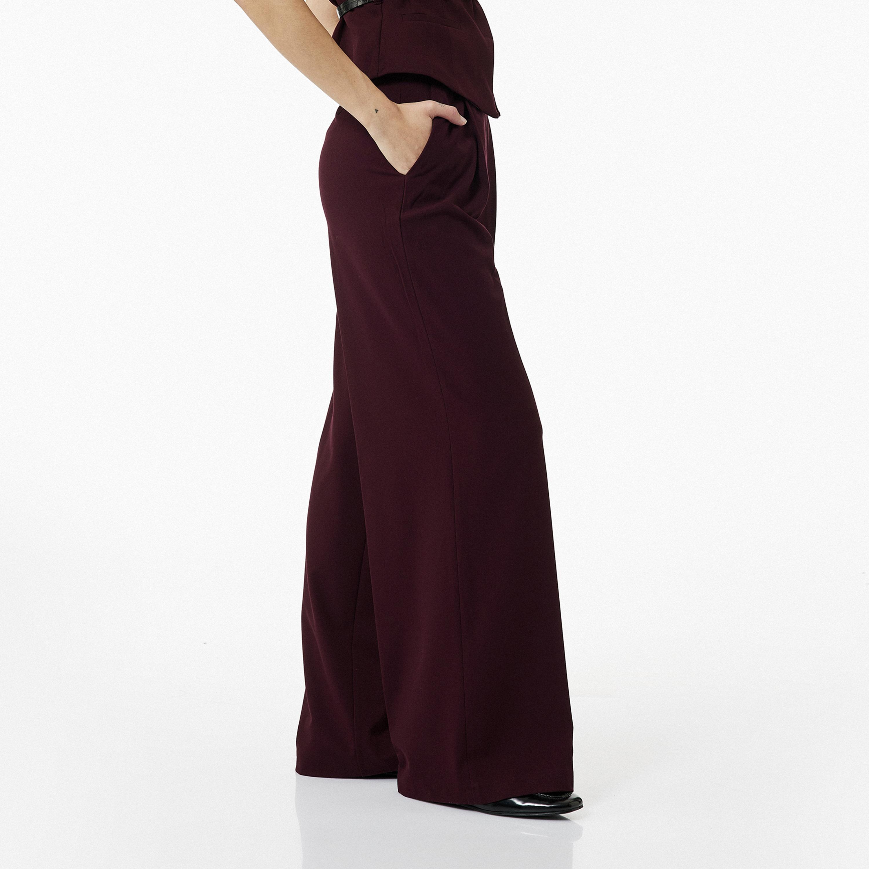 بنطال نسائي بقصة أرجل واسعة وسحاب بلون بورغندي من كوتون-women-clothing-bottoms-trousers-image-3