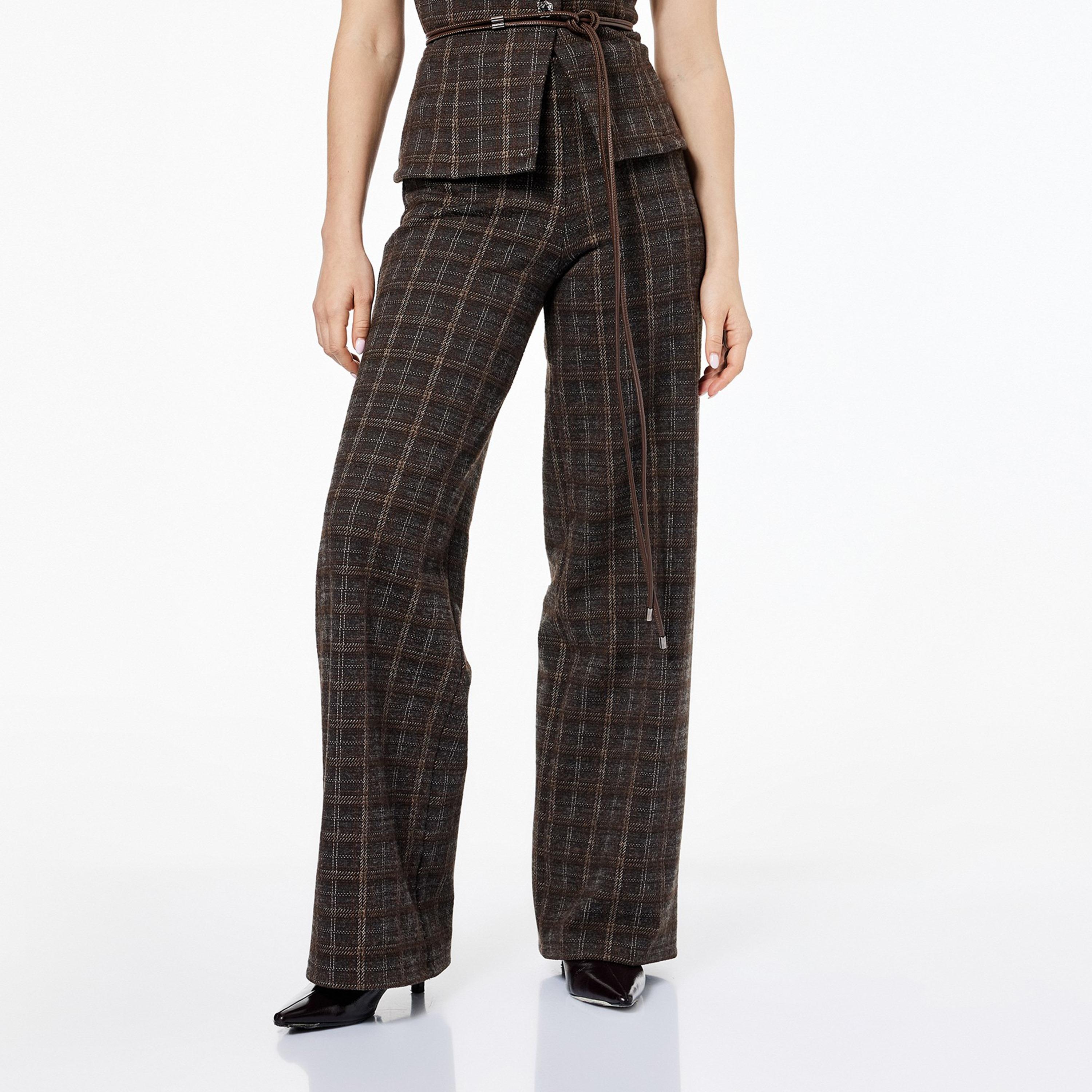 بناطيل نسائية واسعة الساق بنقشة مربعات باللون البني من كوتون-women-clothing-trousers-image-1