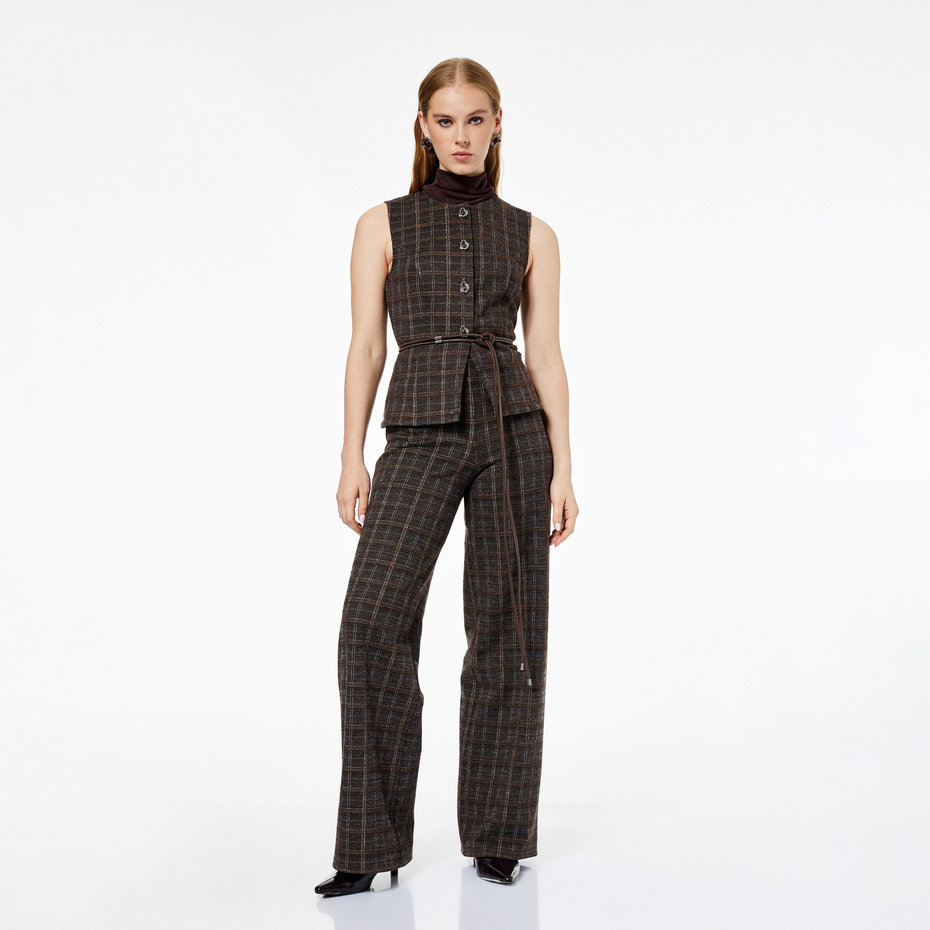 بناطيل نسائية واسعة الساق بنقشة مربعات باللون البني من كوتون-women-clothing-trousers-image-2