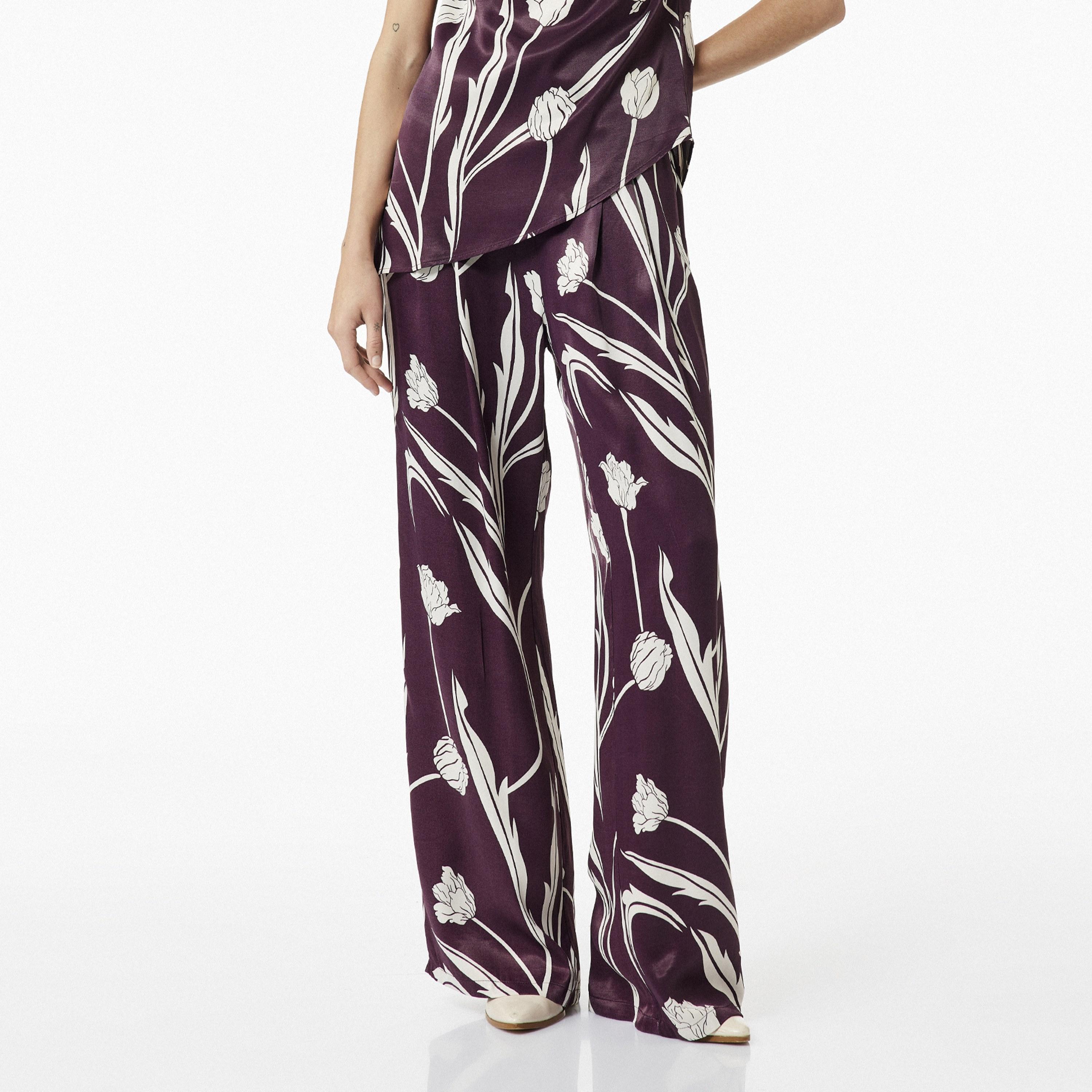 بنطال ساتان نسائي بطبعة زهور وقصة مستقيمة مع خصر نصف مطاطي بلون بورغندي من كوتون-women-clothing-bottoms-trousers-image-1