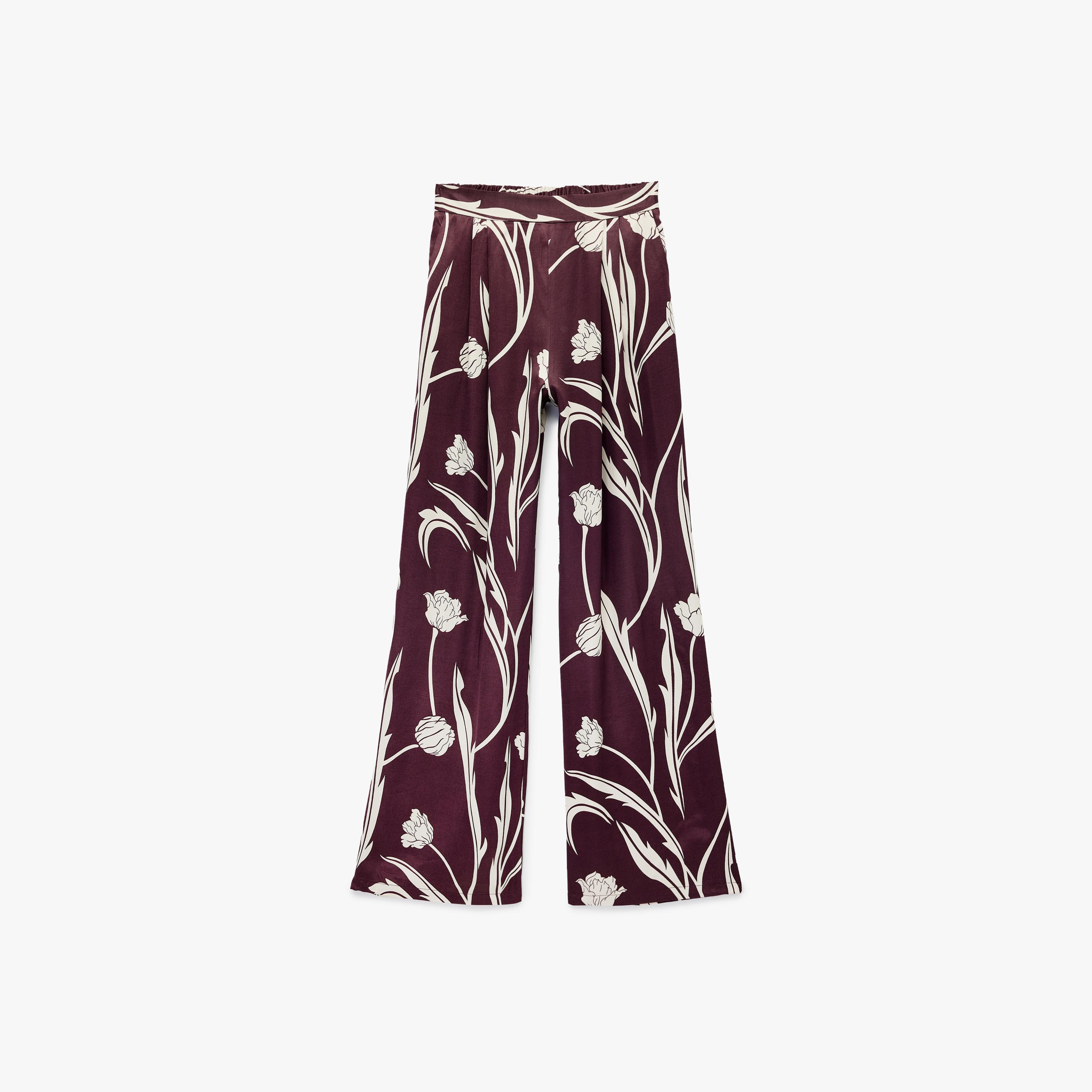 KOTON Burgundy Floral Print Satin Semi-Elasticated Waist Straight Women's Trousers-women-clothing-bottoms-trousers-image-4