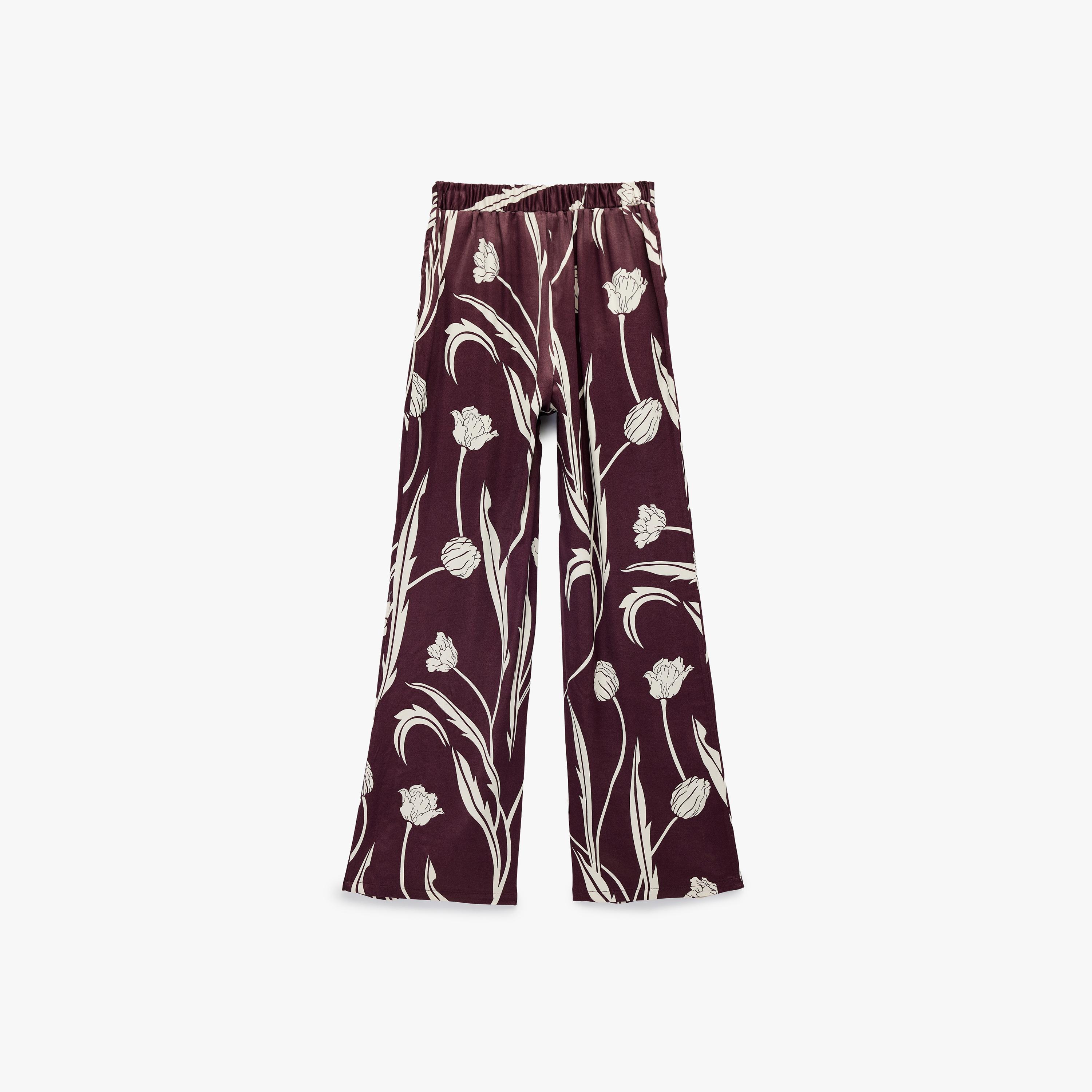 KOTON Burgundy Floral Print Satin Semi-Elasticated Waist Straight Women's Trousers-women-clothing-bottoms-trousers-image-5
