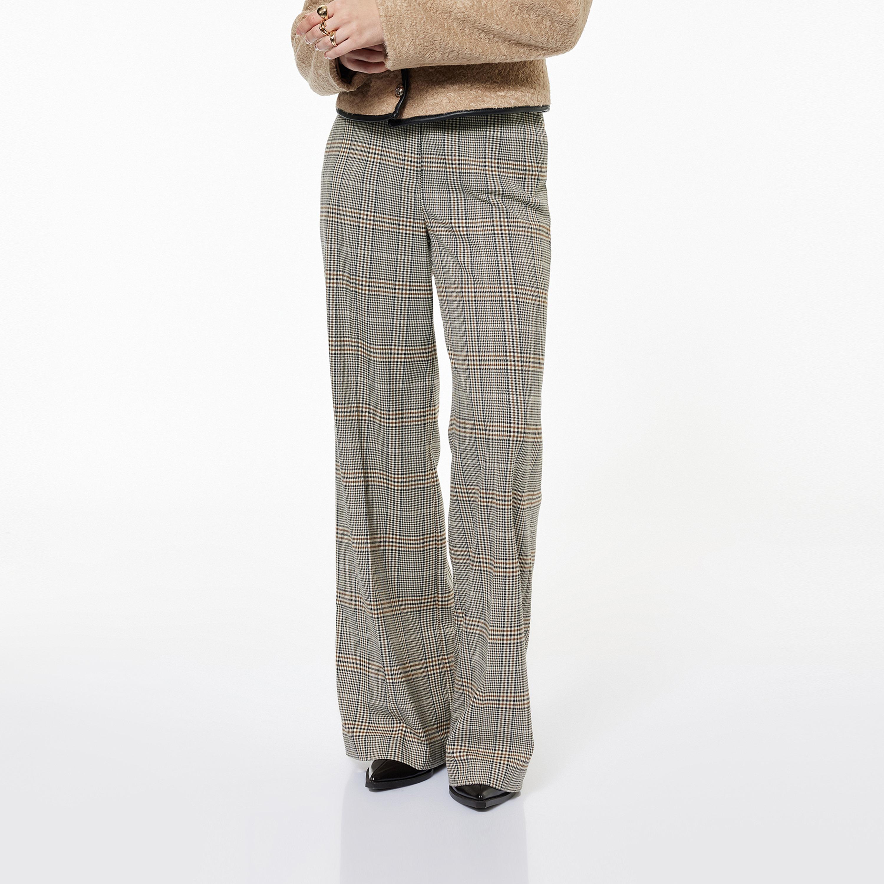 KOTON Beige Checked Zip Fly Straight Women's Trousers-women-clothing-bottoms-trousers-image-1