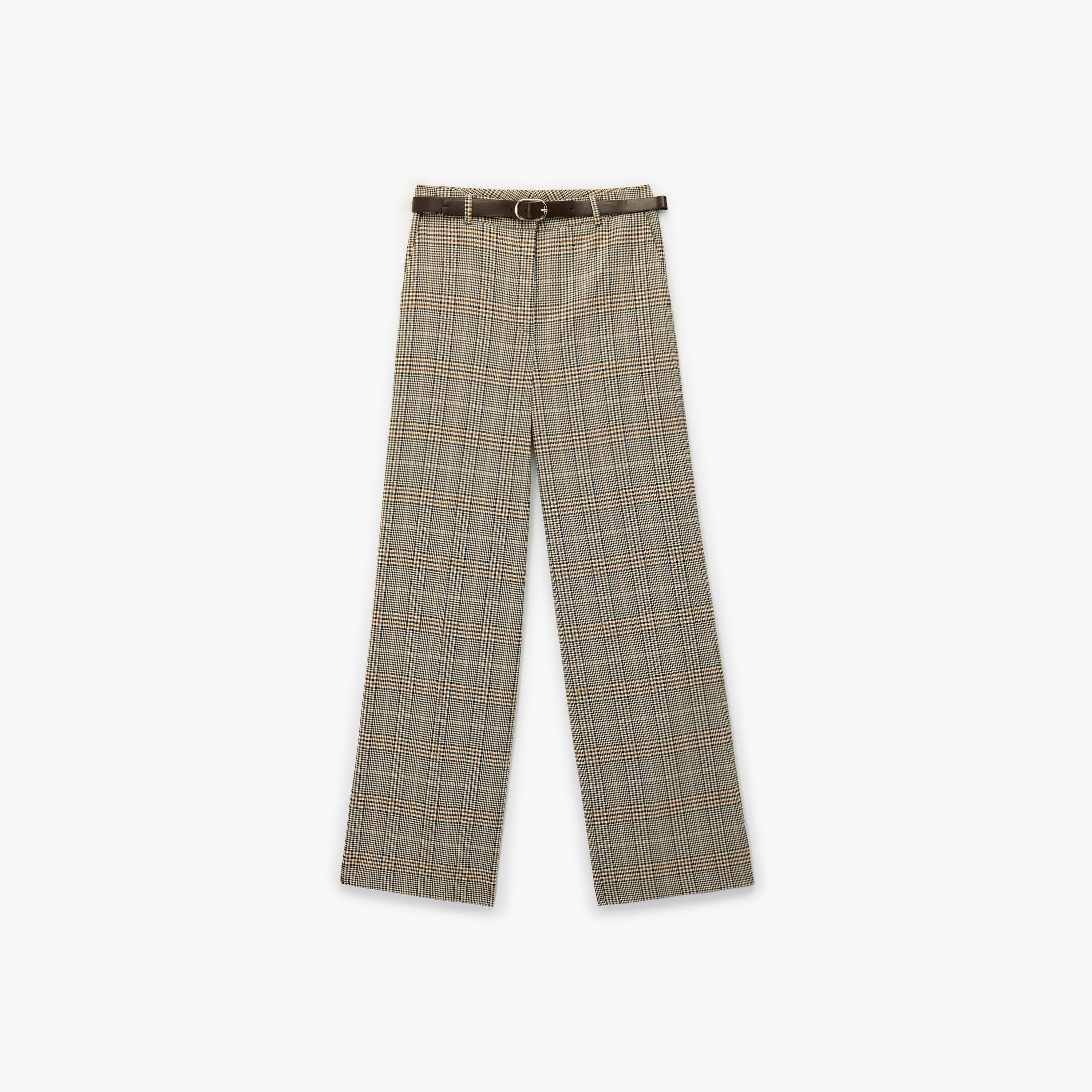 KOTON Beige Checked Zip Fly Straight Women's Trousers-women-clothing-bottoms-trousers-image-4