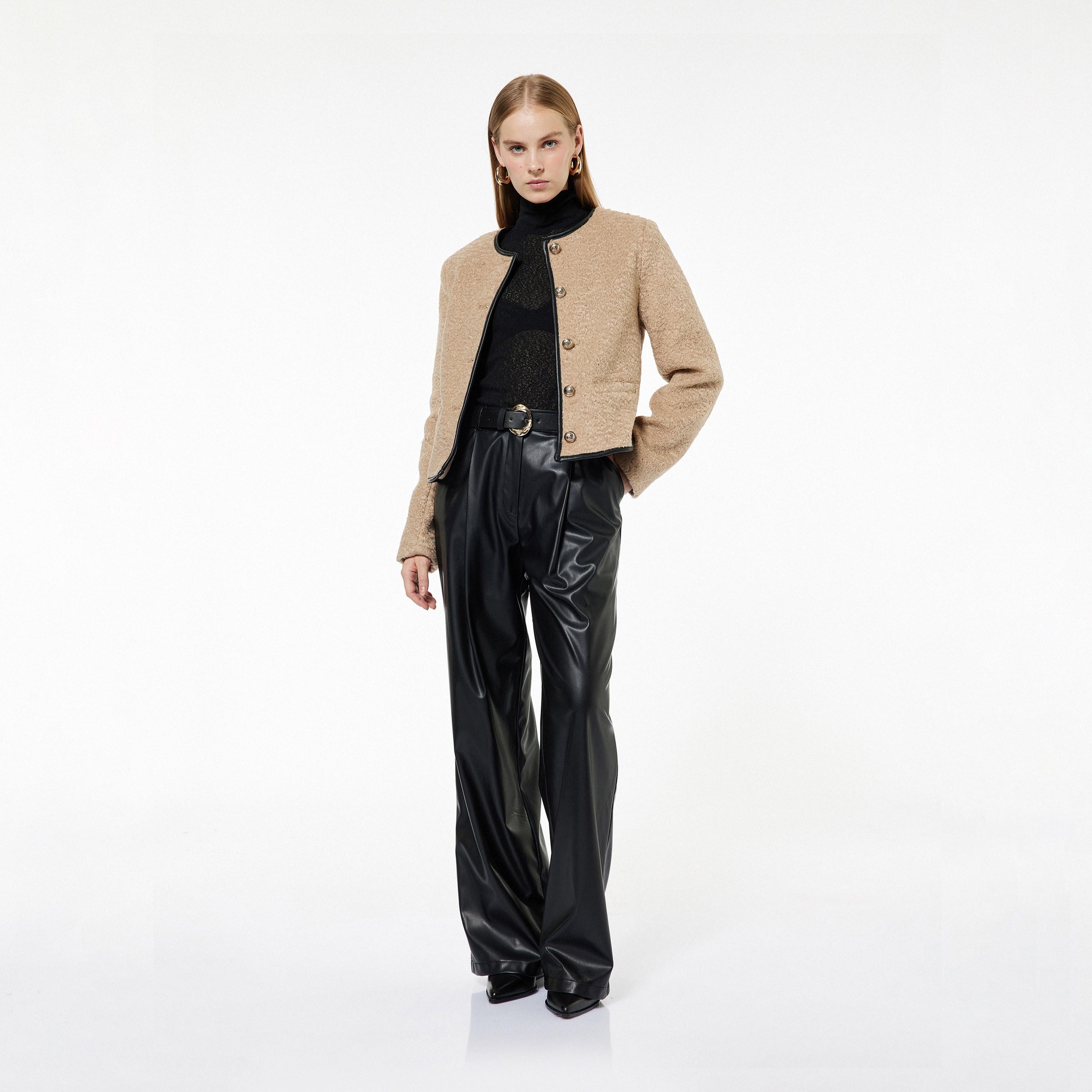 KOTON Black Faux Leather Zip Fly Straight Women's Trousers-women-clothing-bottoms-trousers-image-2