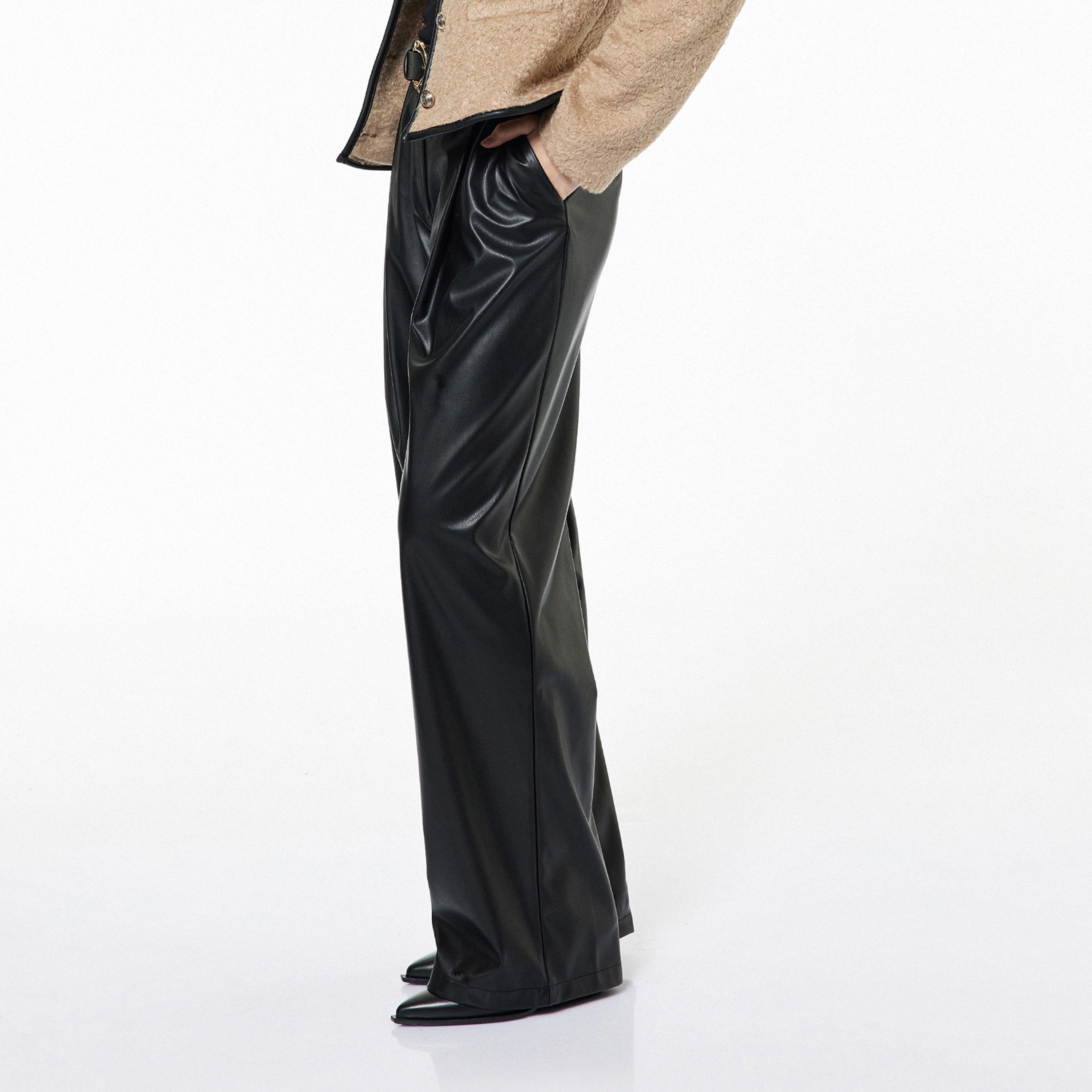 KOTON Black Faux Leather Zip Fly Straight Women's Trousers-women-clothing-bottoms-trousers-image-3