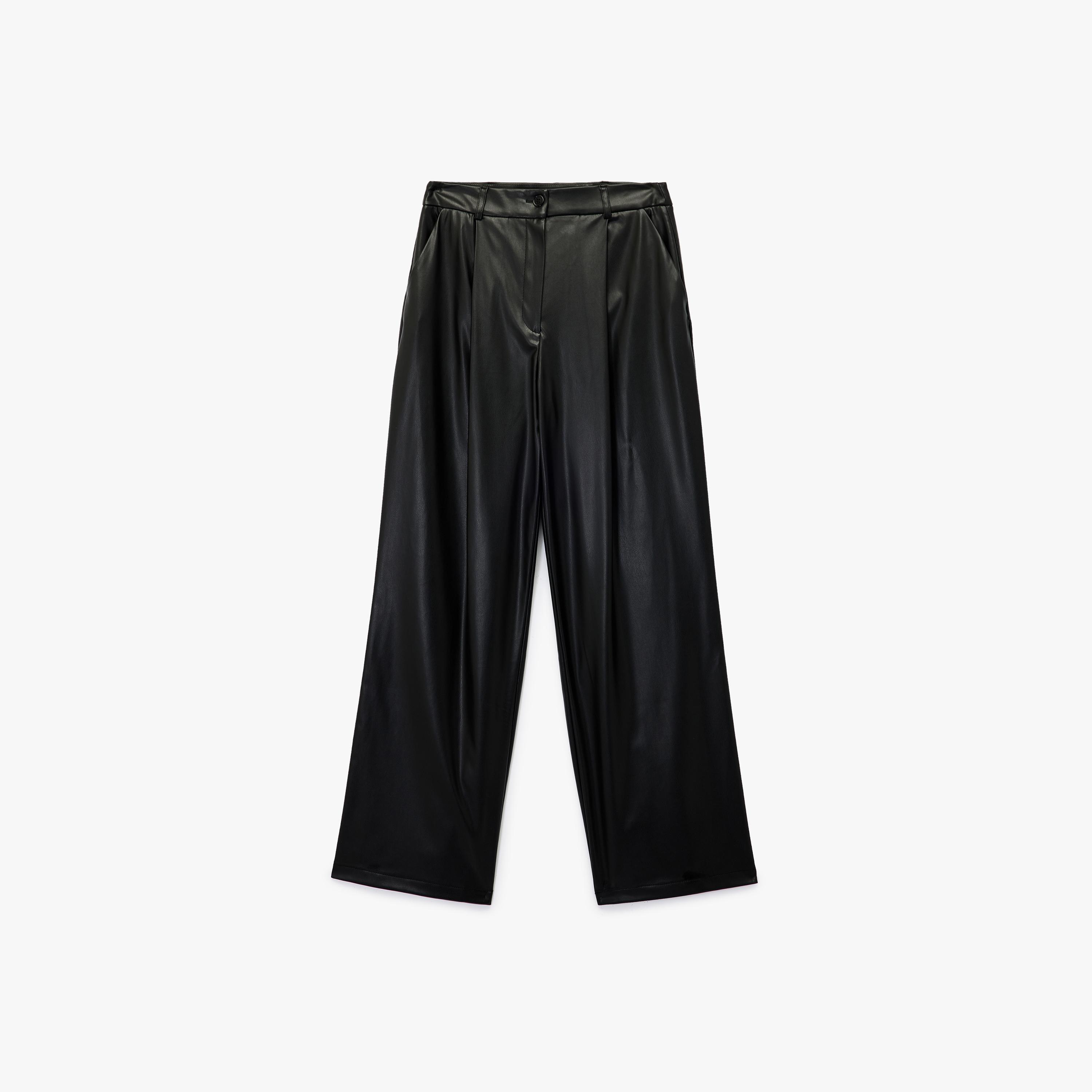 بنطال نسائي من الجلد الاصطناعي بقصة مستقيمة وسحاب بلون أسود من كوتون-women-clothing-bottoms-trousers-image-4