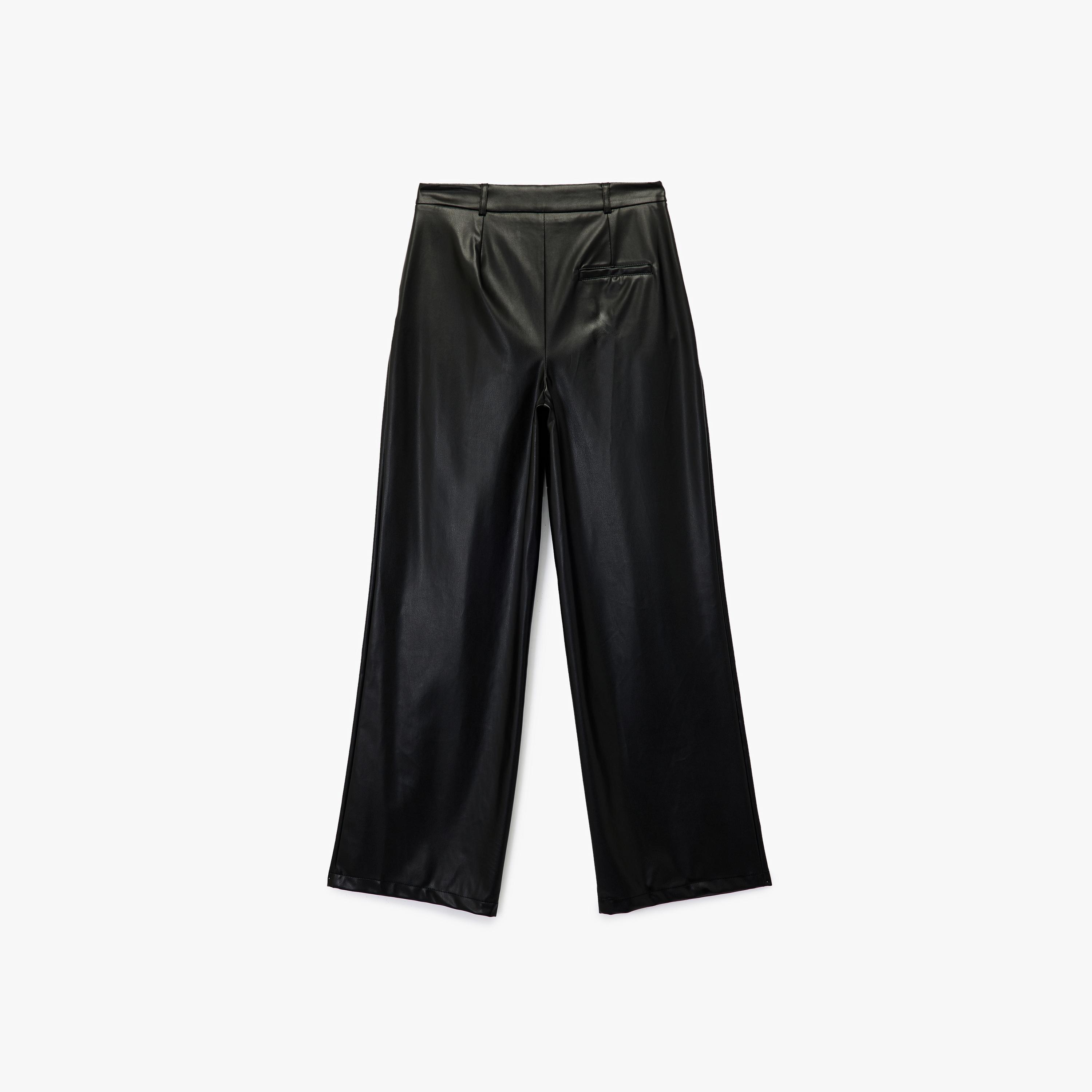 KOTON Black Faux Leather Zip Fly Straight Women's Trousers-women-clothing-bottoms-trousers-image-5