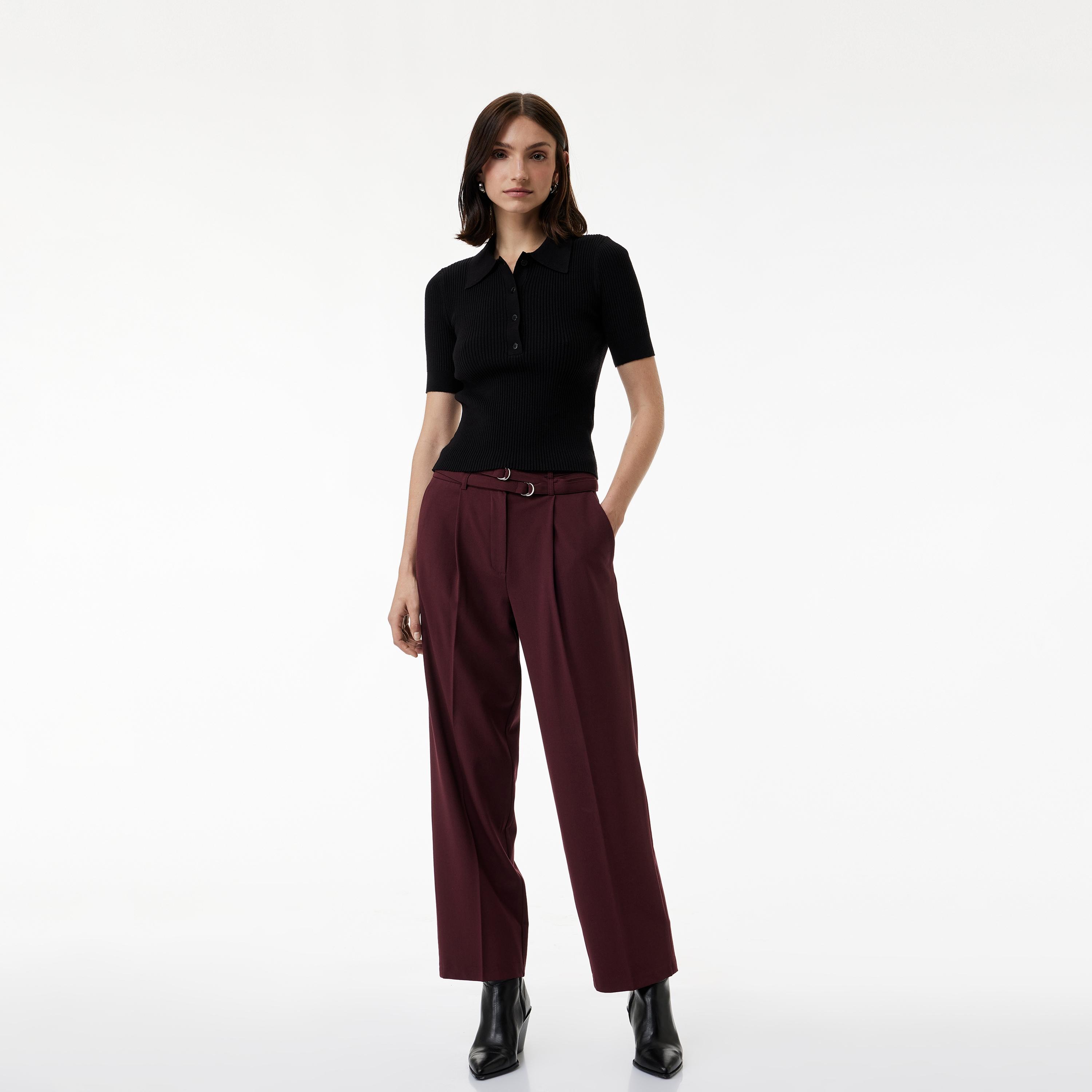 KOTON Burgundy Wide Leg Women's Trousers-women-clothing-trousers-image-2