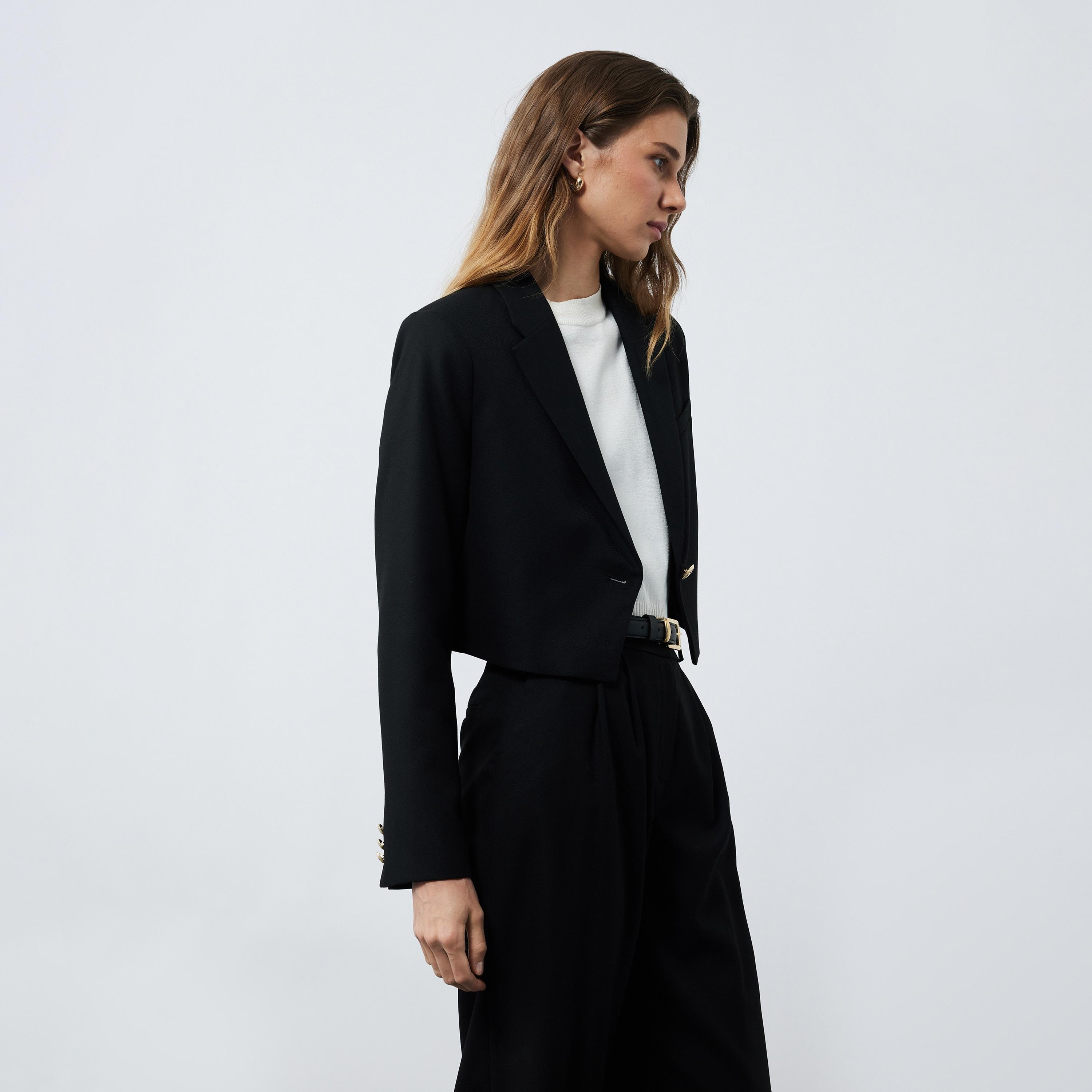KOTON Black Lapel Collar Women's Single Breasted Blazer-women-clothing-coatsandjackets-blazers-image-3
