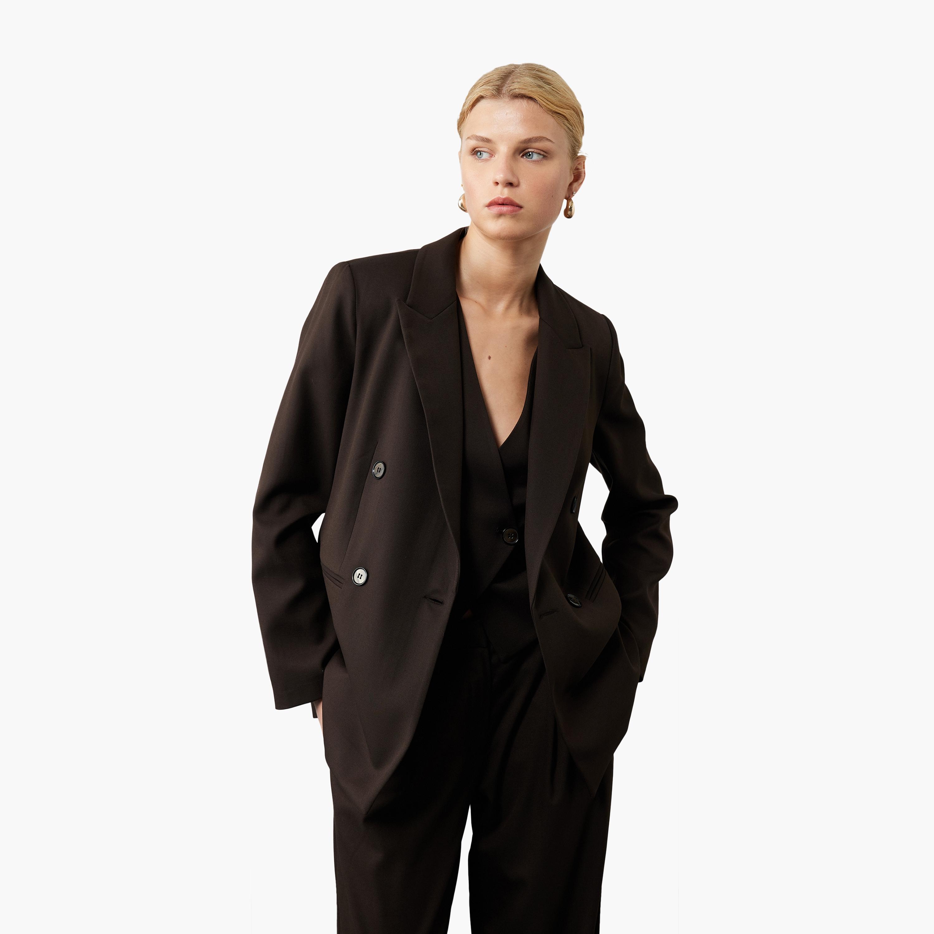 KOTON Brown Lapel Collar Women's Double Breasted Blazer-women-clothing-coatsandjackets-blazers-image-1