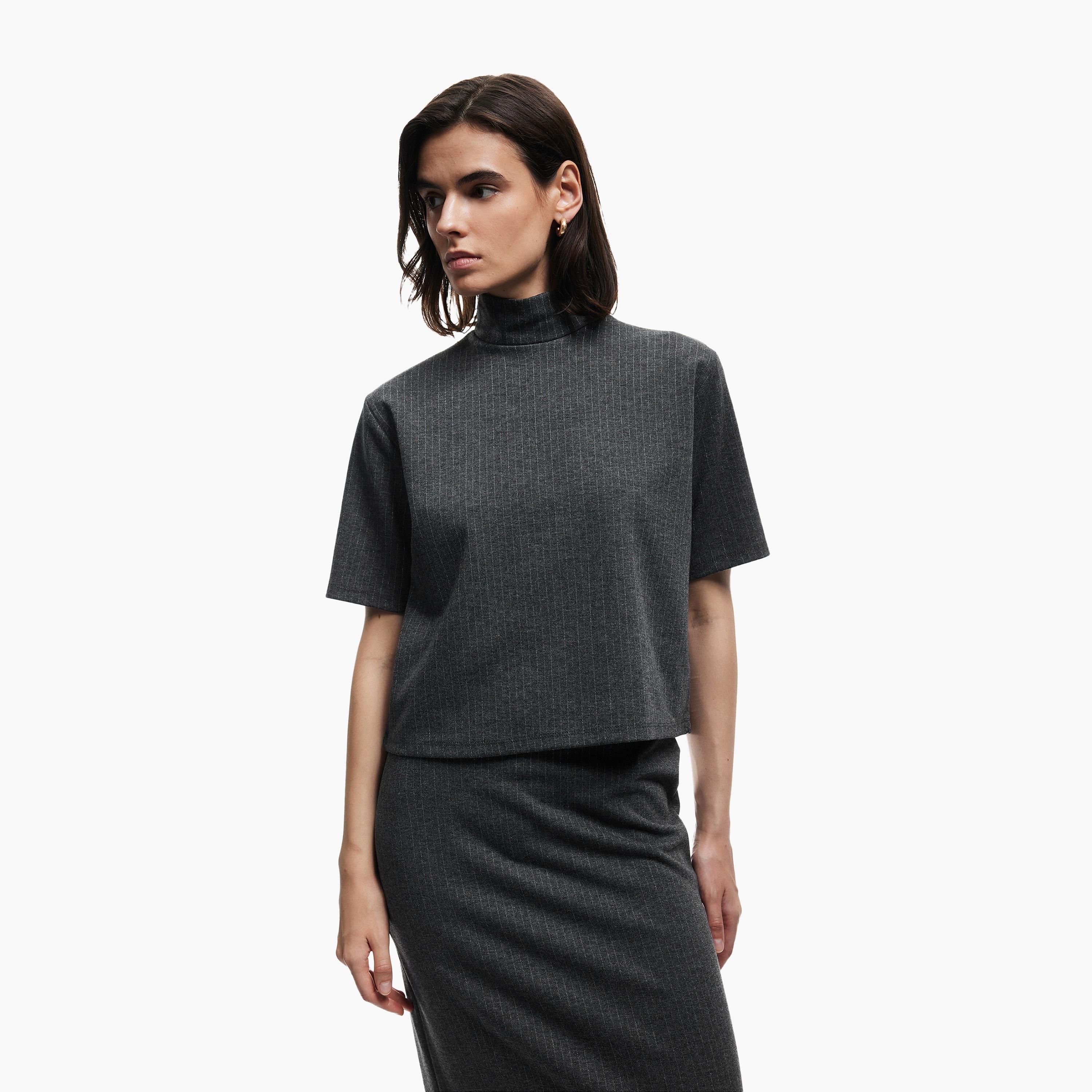 KOTON Grey Striped High Neck Women's T-Shirt-women-clothing-tshirts-image-1