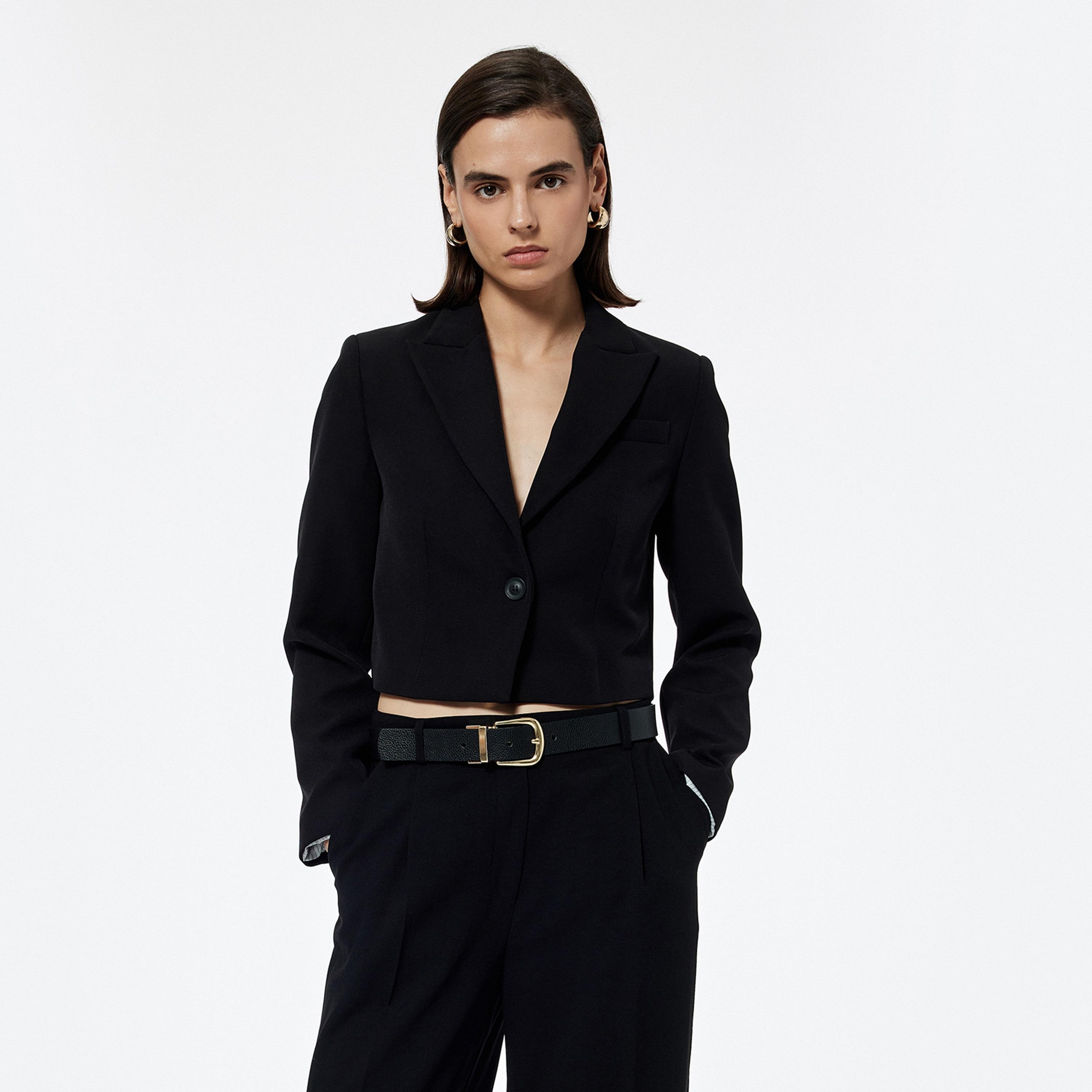 بليزر نسائي أسود اللون ذو ياقة صدر واحدة من كوتون-women-clothing-coatsandjackets-blazers-image-1