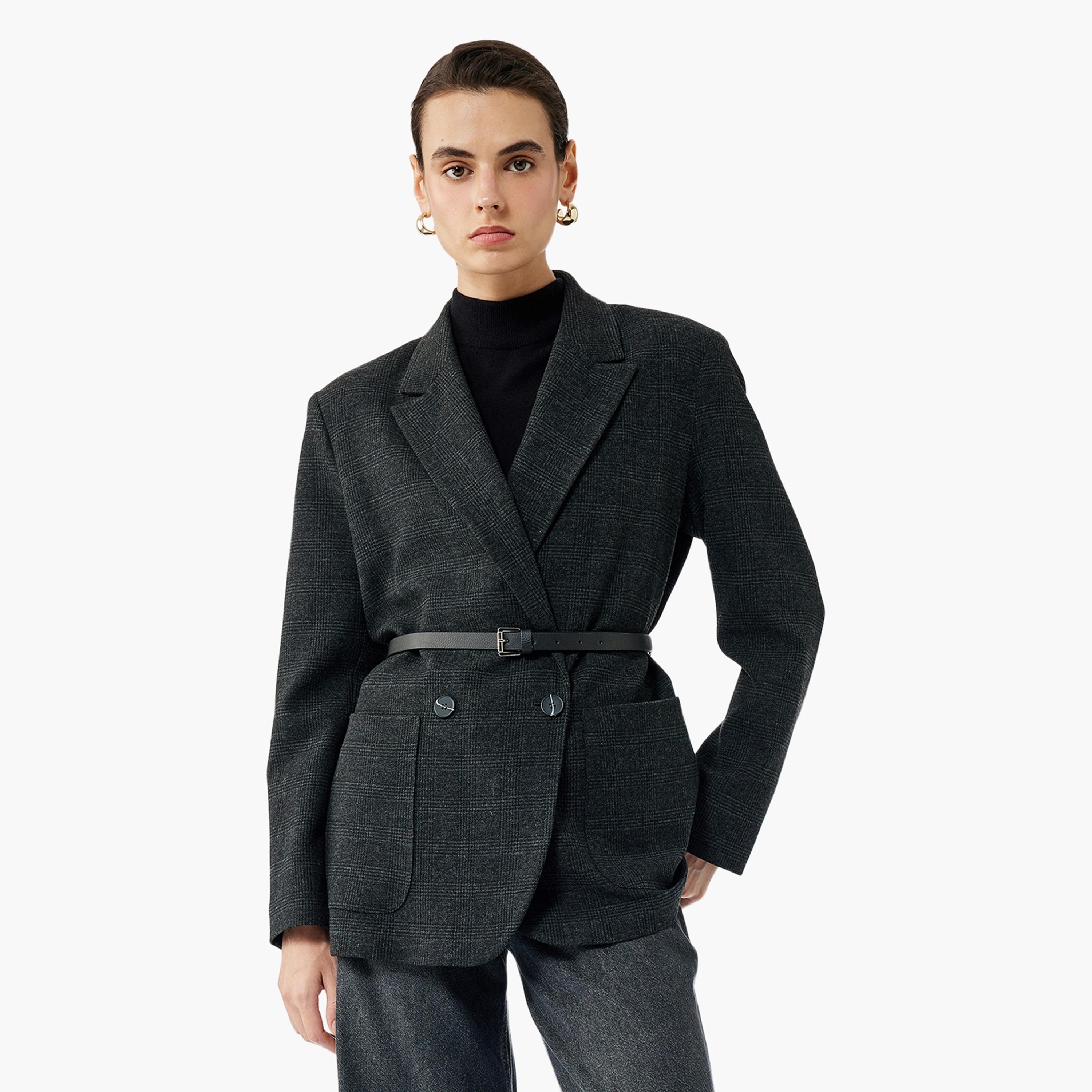 KOTON Grey Checked Lapel Collar Women's Double Breasted Blazer With Belt-women-clothing-coatsandjackets-blazers-image-1