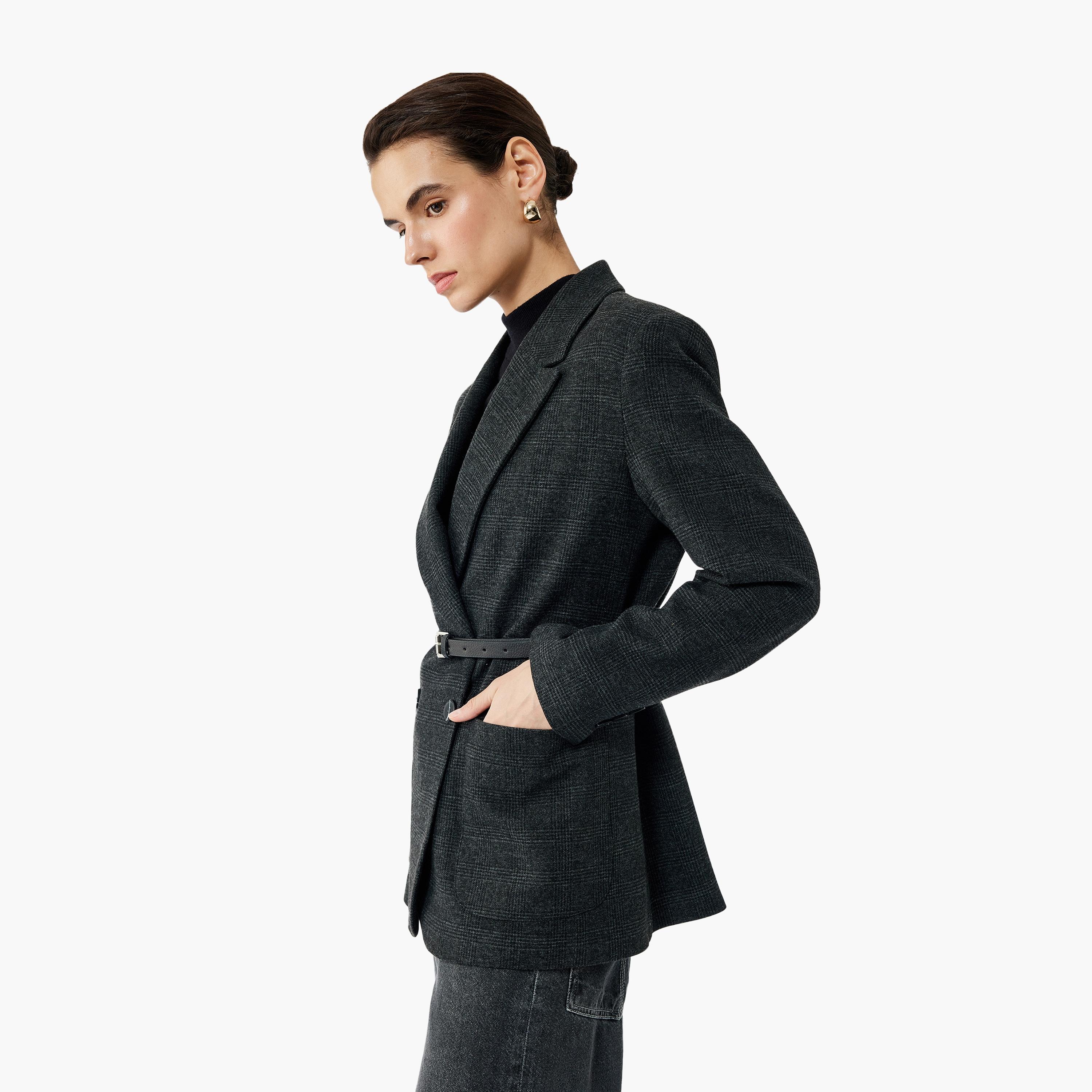 KOTON Grey Checked Lapel Collar Women's Double Breasted Blazer With Belt-women-clothing-coatsandjackets-blazers-image-2