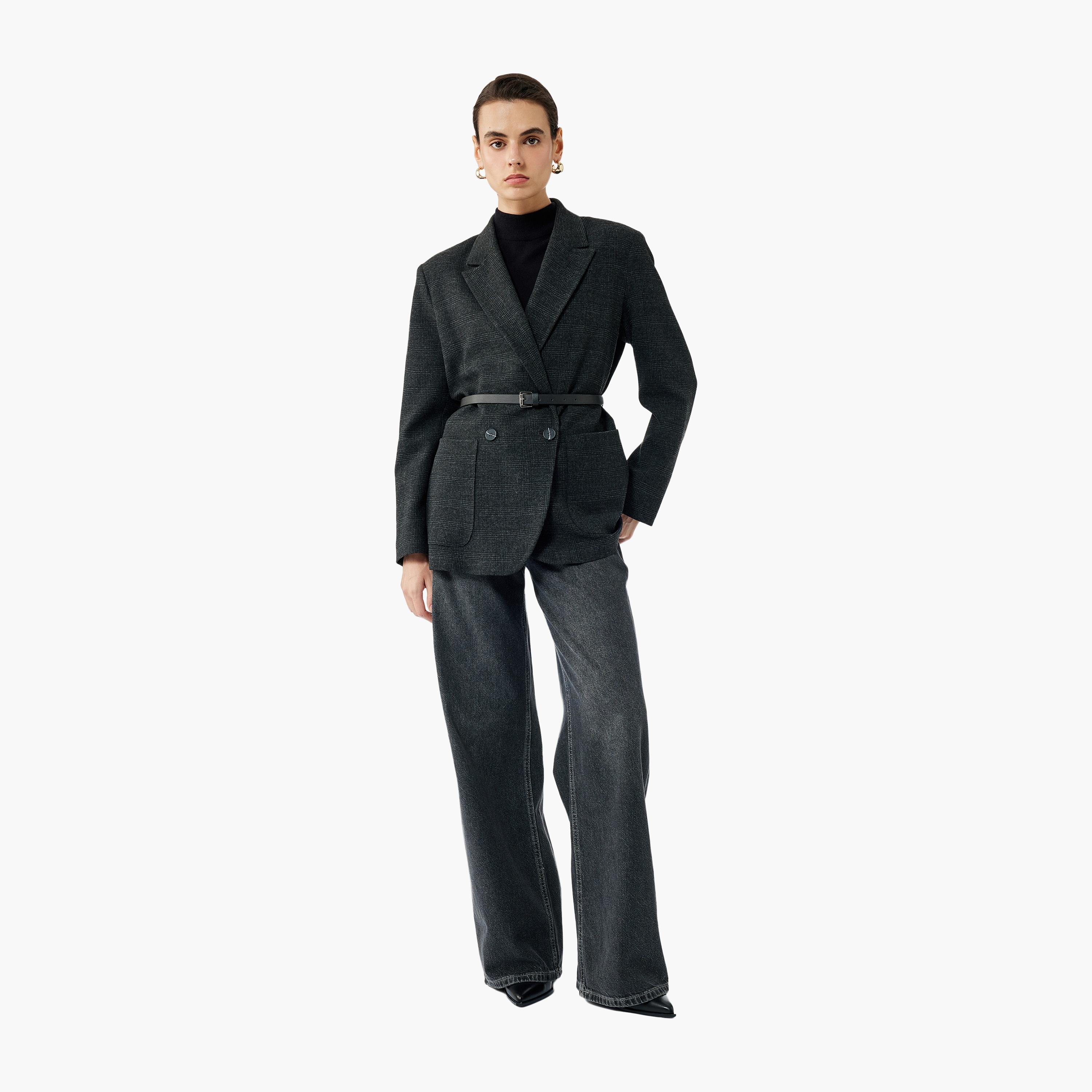 KOTON Grey Checked Lapel Collar Women's Double Breasted Blazer With Belt-women-clothing-coatsandjackets-blazers-image-3