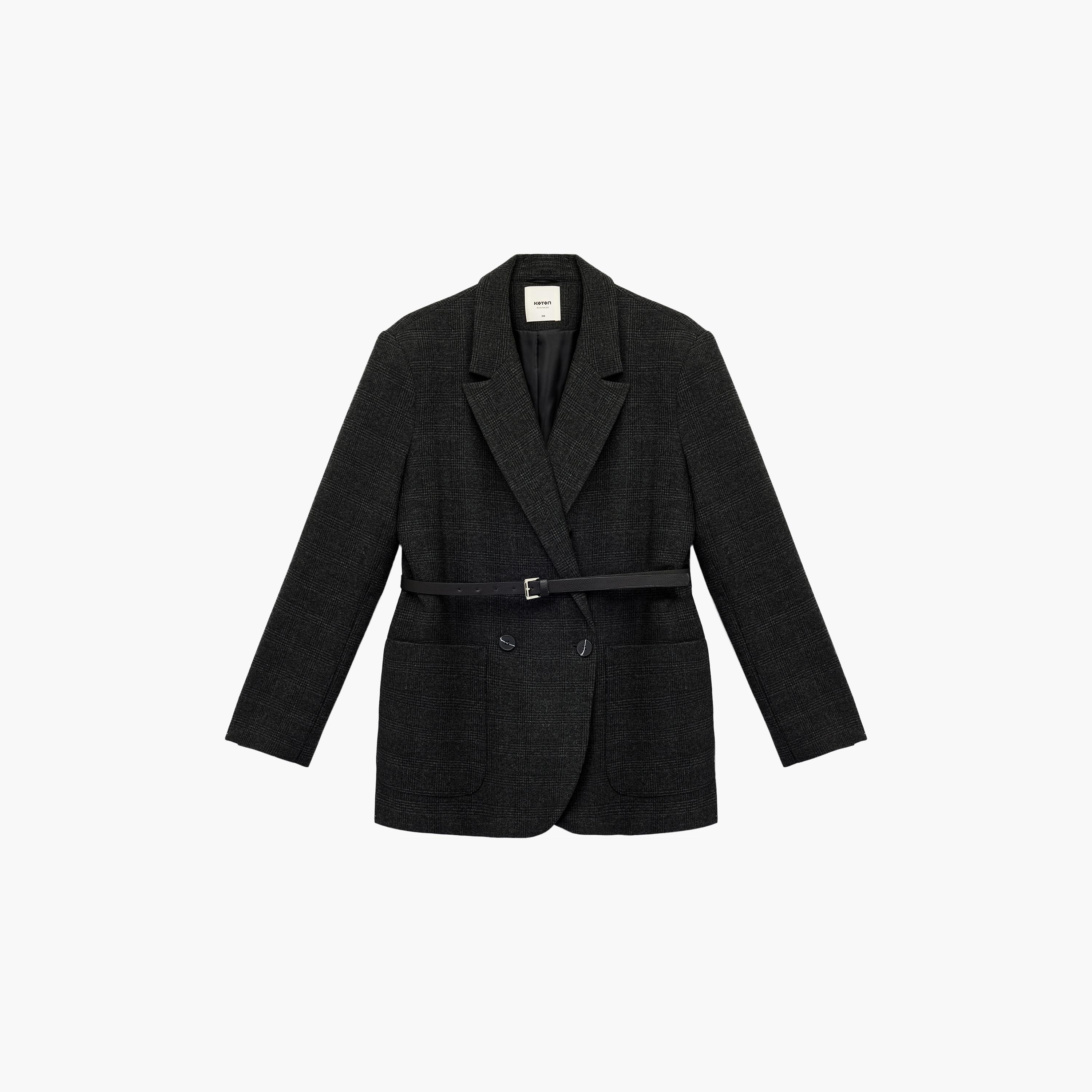 KOTON Grey Checked Lapel Collar Women's Double Breasted Blazer With Belt-women-clothing-coatsandjackets-blazers-image-4