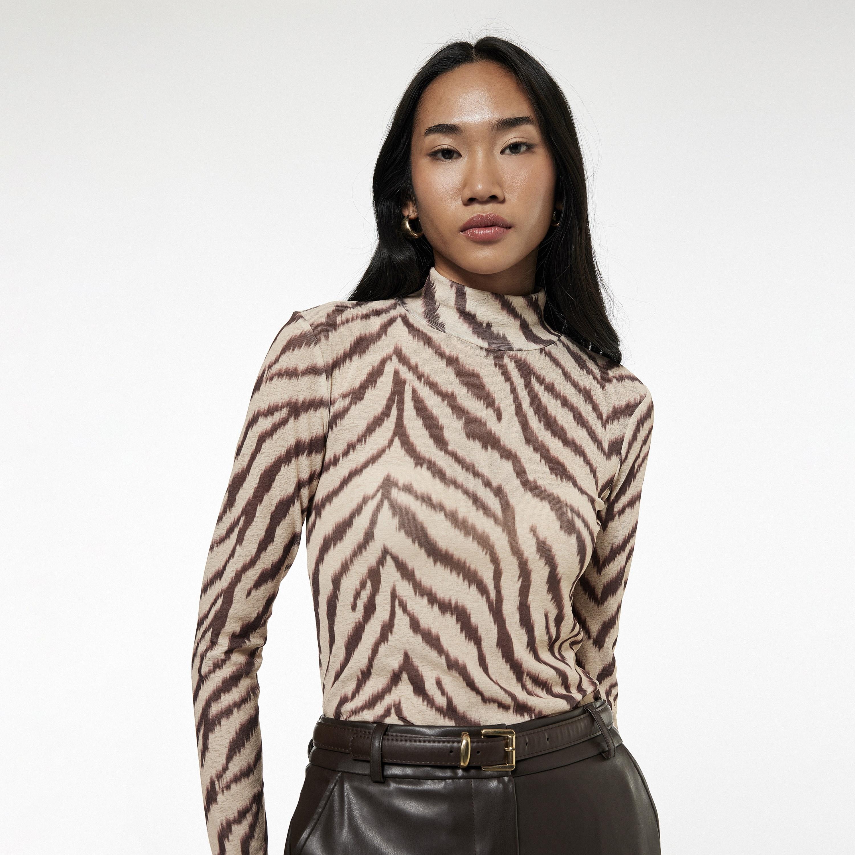 KOTON Beige Zebra Print Turtle Neck Women's T-Shirt-women-clothing-tshirts-image-3