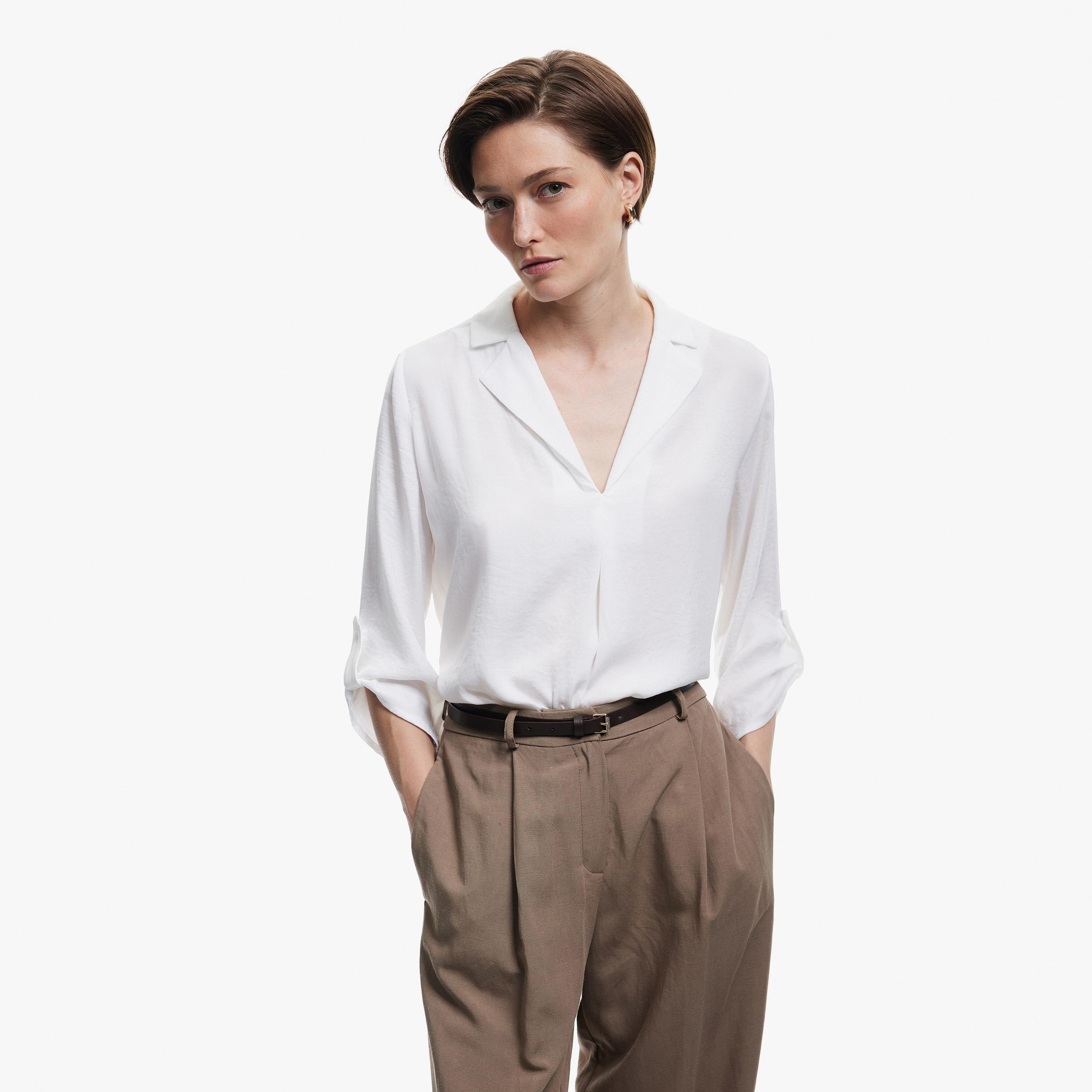 KOTON White Lapel Collar Roll-Up Sleeves Women's Top-women-clothing-shirtsandblouses-blouses-image-1