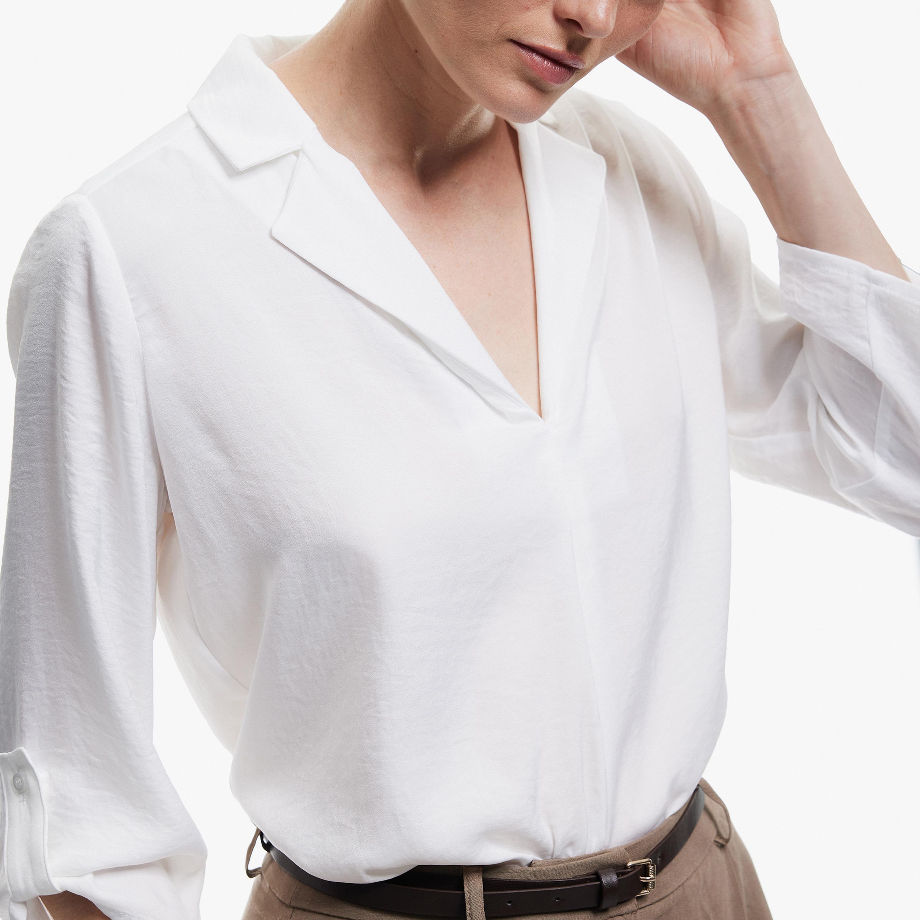 KOTON White Lapel Collar Roll-Up Sleeves Women's Top-women-clothing-shirtsandblouses-blouses-image-2