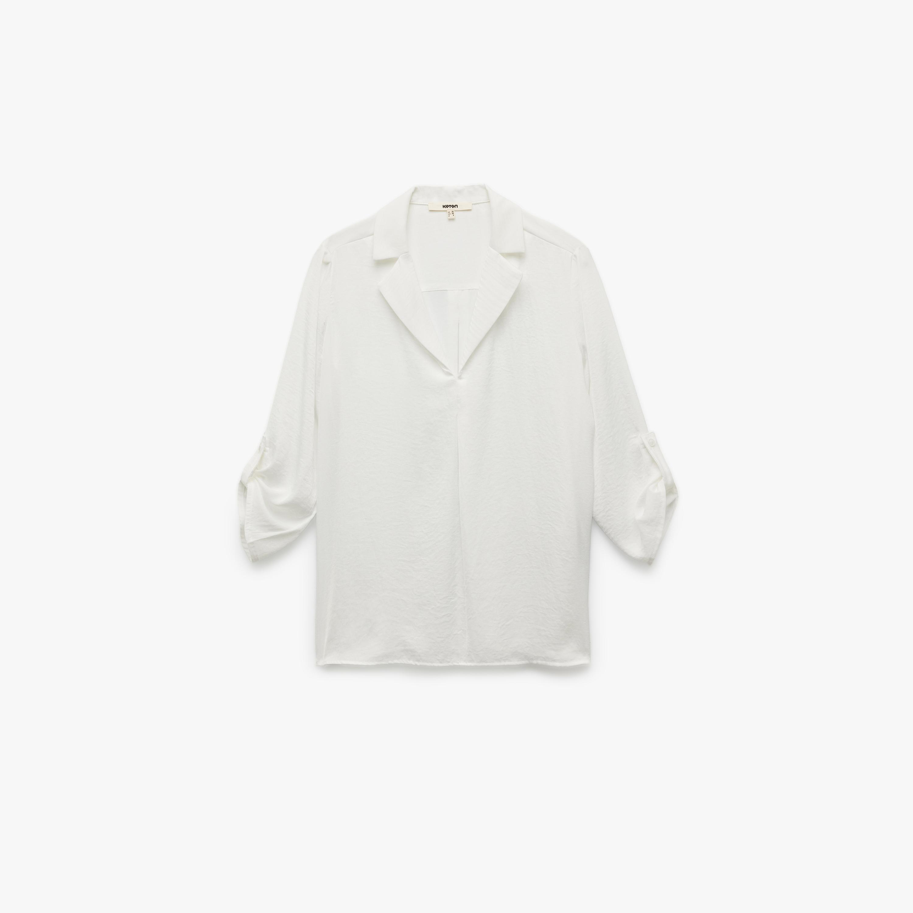 KOTON White Lapel Collar Roll-Up Sleeves Women's Top-women-clothing-shirtsandblouses-blouses-image-3