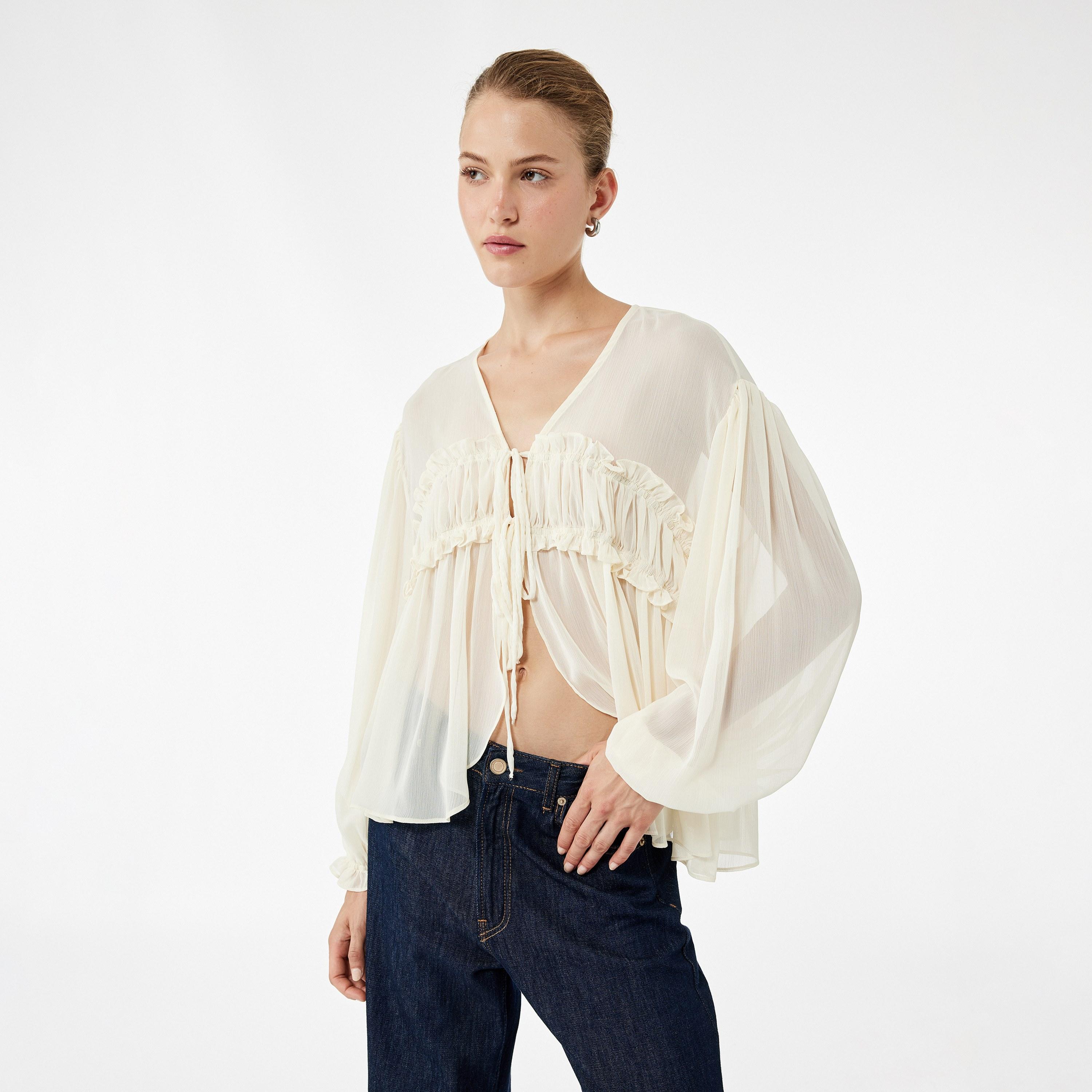 KOTON Cream Ruffled Tie-Up Neck Women's Top-women-clothing-shirtsandblouses-blouses-image-1