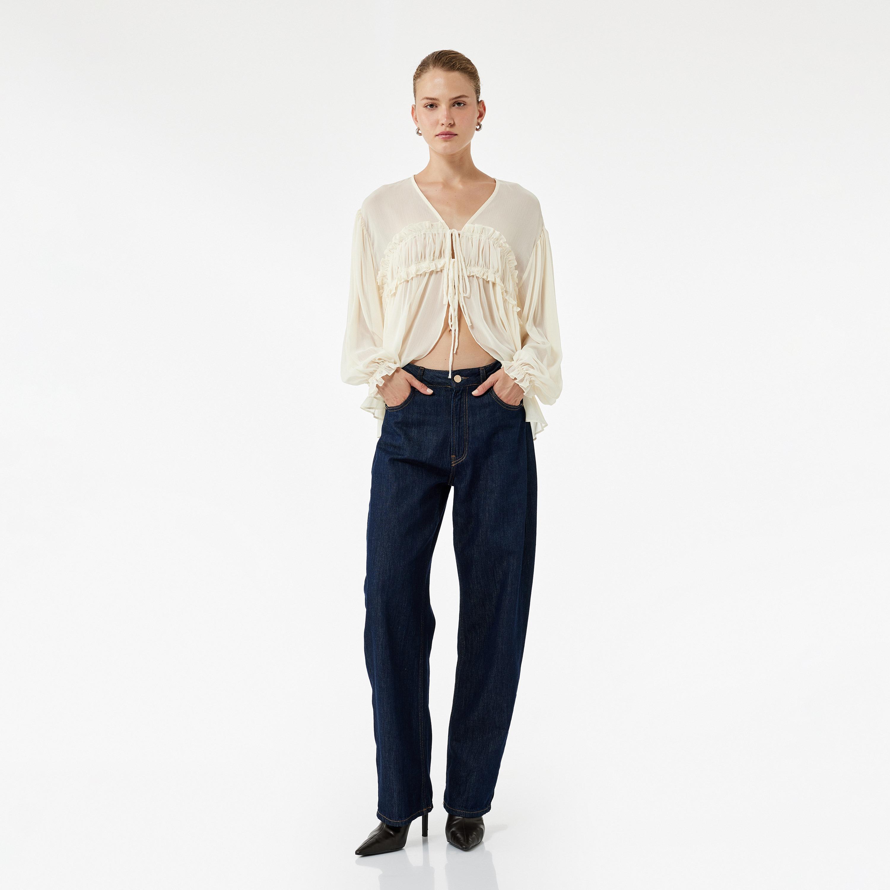 KOTON Cream Ruffled Tie-Up Neck Women's Top-women-clothing-shirtsandblouses-blouses-image-2