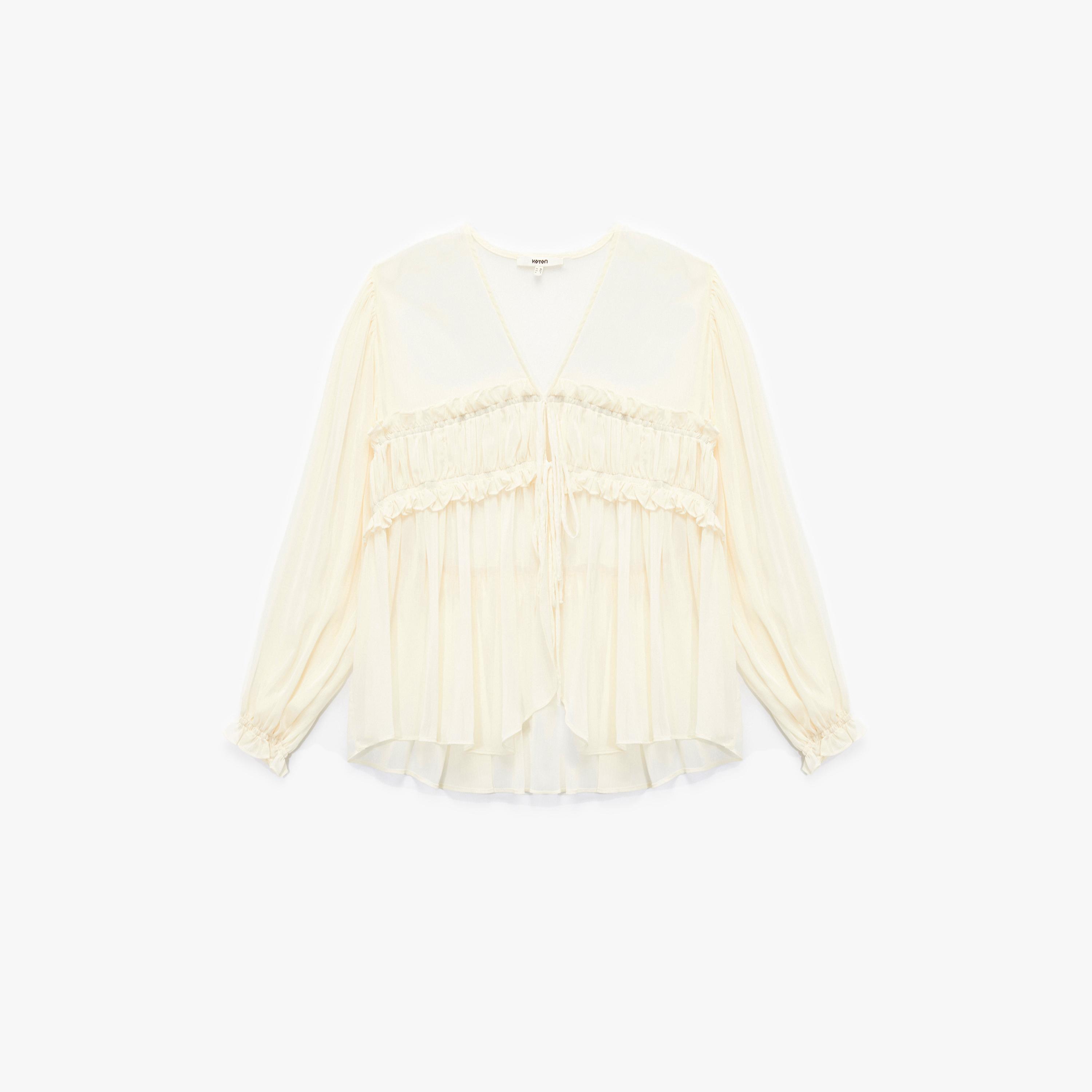 KOTON Cream Ruffled Tie-Up Neck Women's Top-women-clothing-shirtsandblouses-blouses-image-3