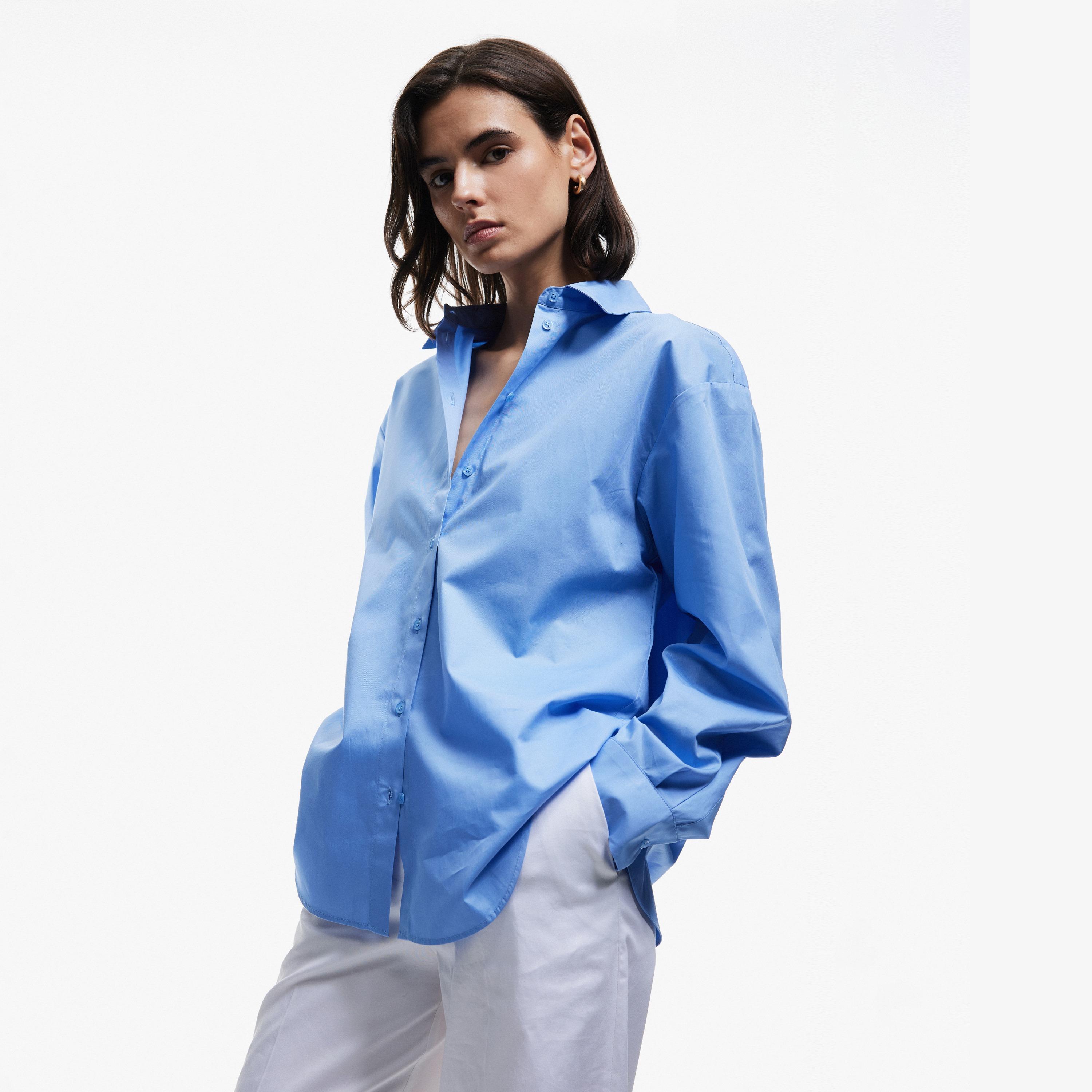 KOTON Blue Cotton Spread Collar Women's Shirt-women-clothing-shirtsandblouses-shirts-image-1