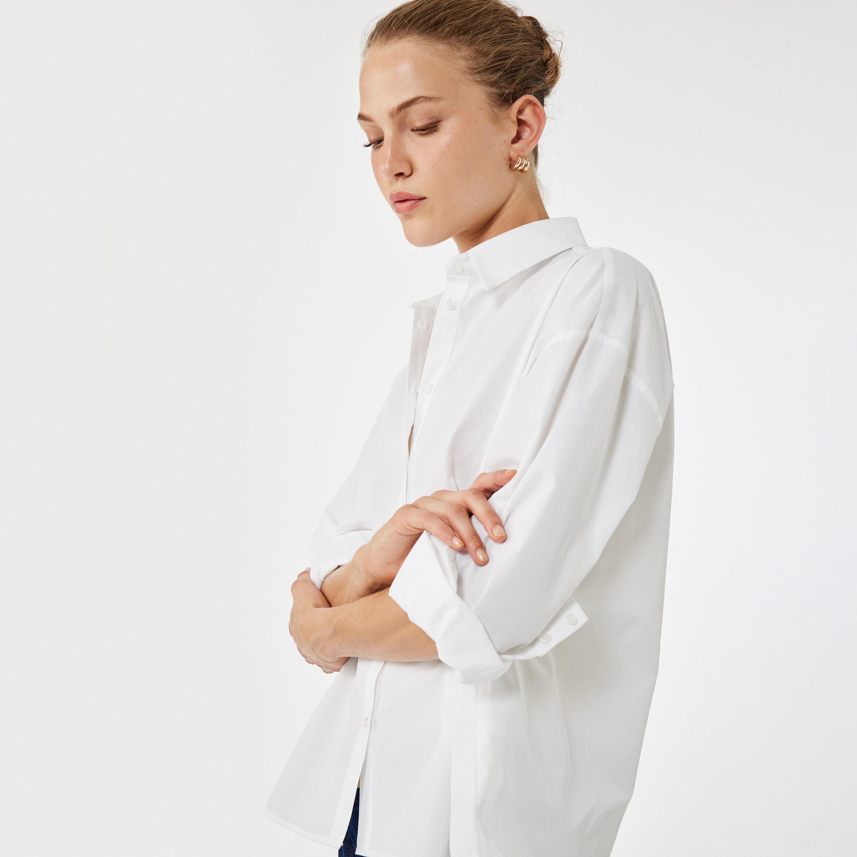KOTON White Cotton Spread Collar Dropped Sleeves Women's Shirt-women-clothing-shirtsandblouses-shirts-image-2
