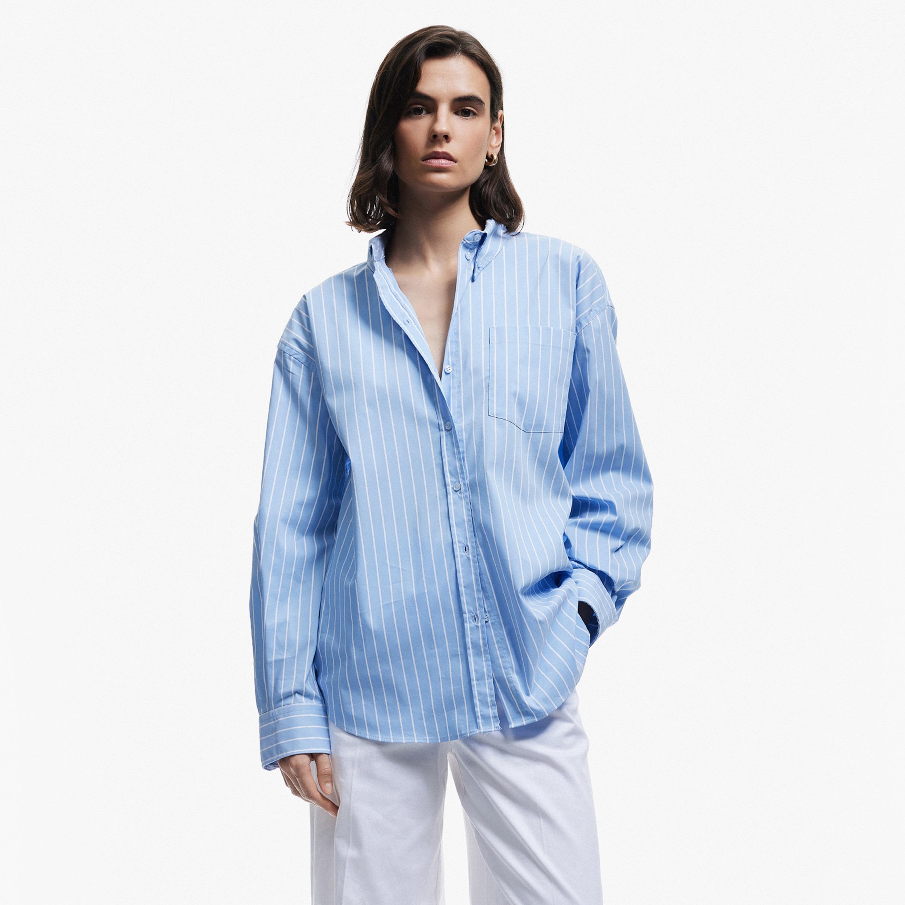 KOTON Blue Striped Cotton Spread Collar Women's Shirt-women-clothing-shirtsandblouses-shirts-image-1