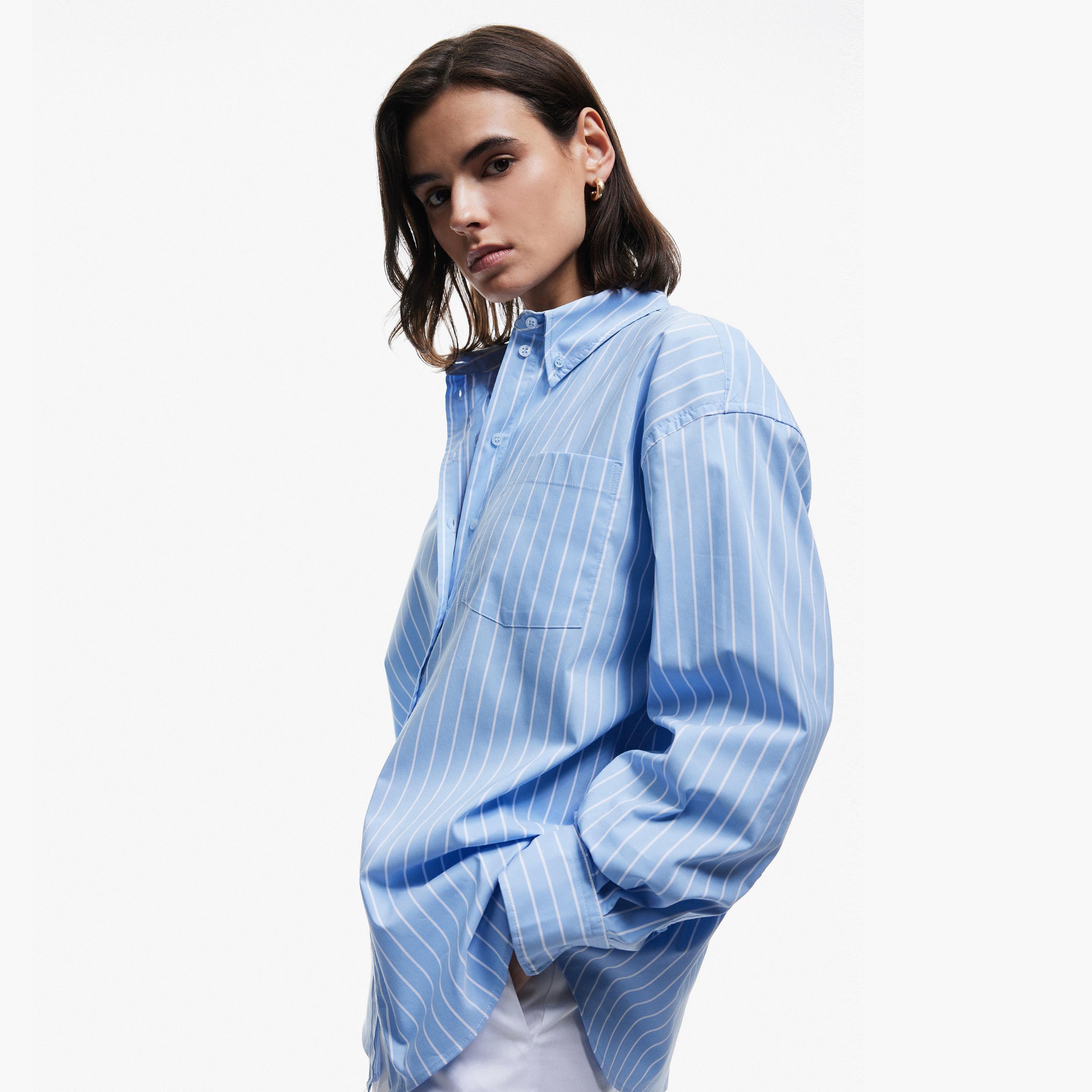 KOTON Blue Striped Cotton Spread Collar Women's Shirt-women-clothing-shirtsandblouses-shirts-image-3