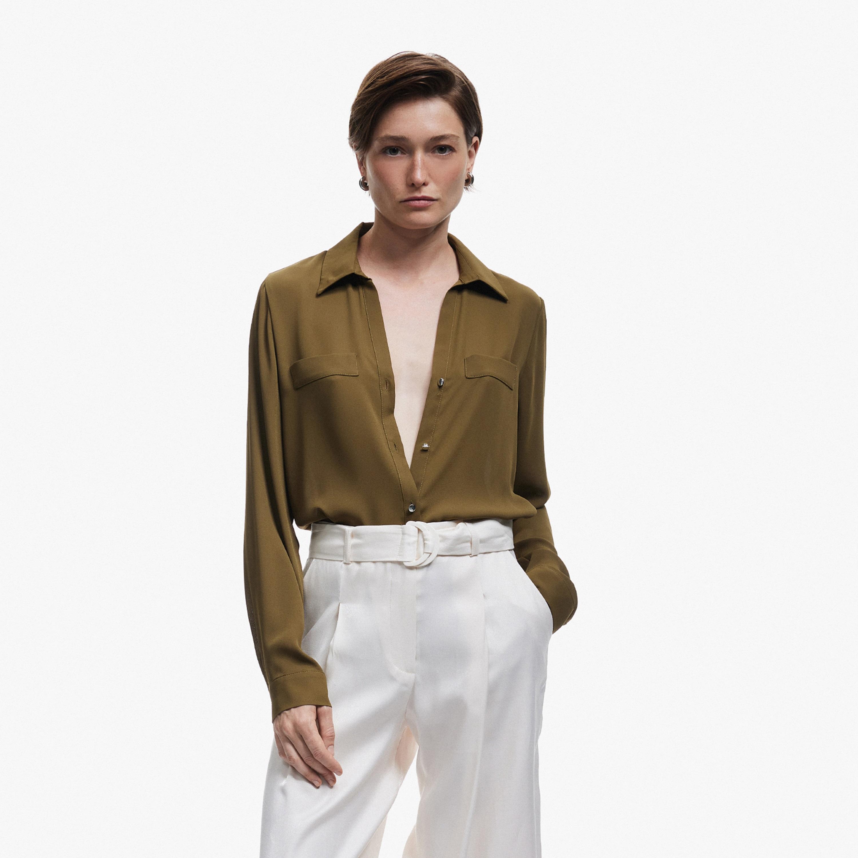 KOTON Olive Green Crepe Spread Collar Women's Shirt-women-clothing-shirtsandblouses-shirts-image-1