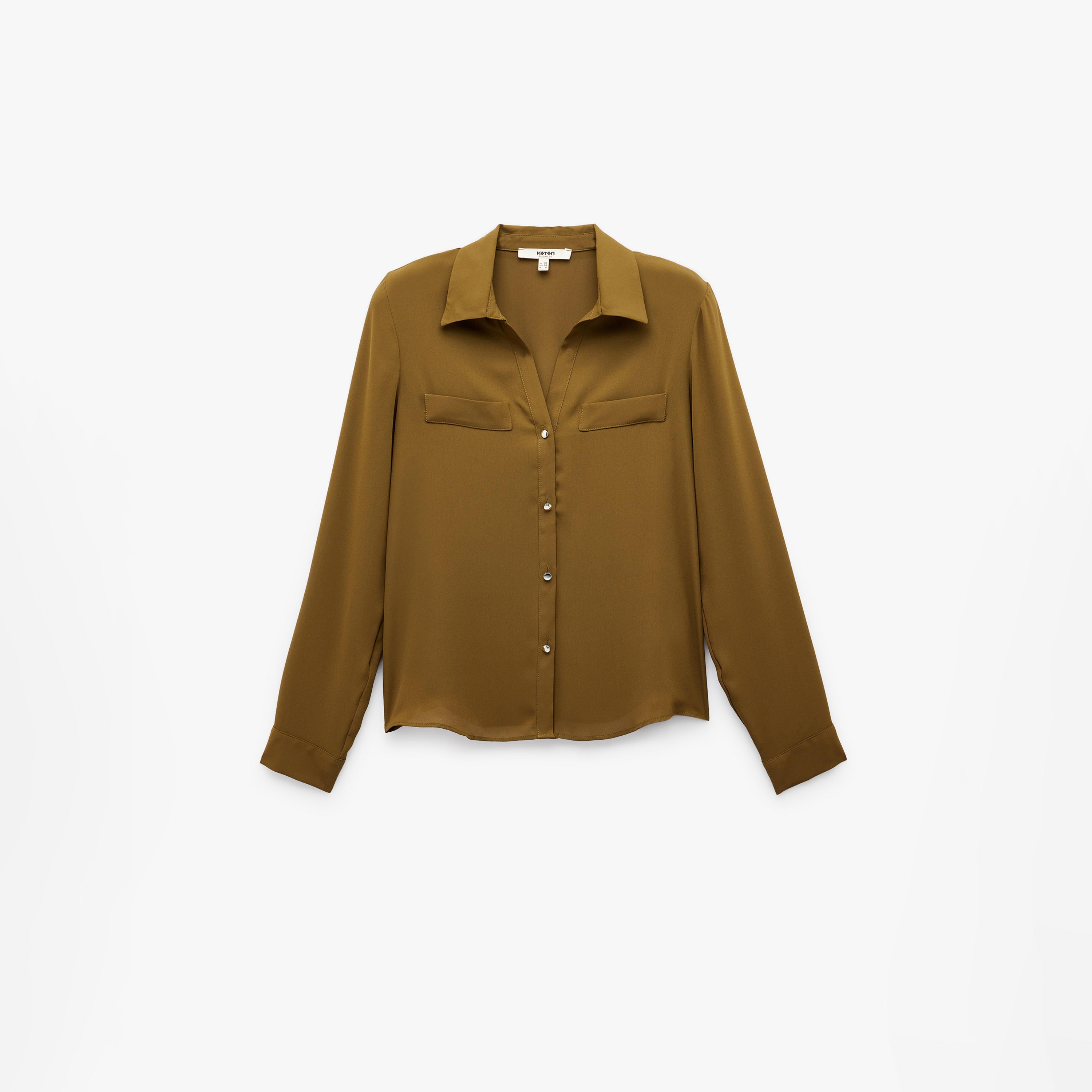 قميص نسائي كريب بلون أخضر زيتوني وياقة مفرودة من كوتون-women-clothing-shirtsandblouses-shirts-image-4