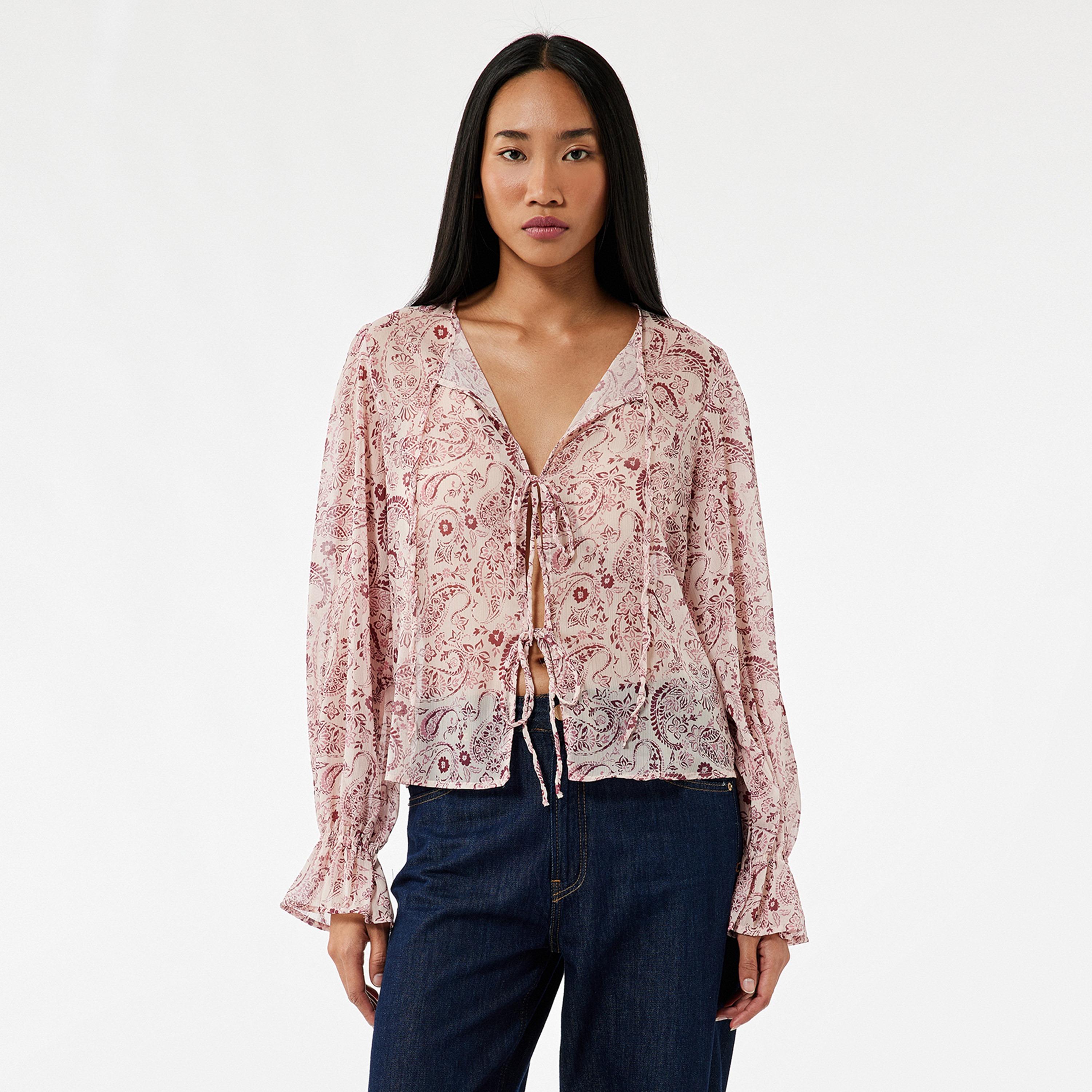 بلوزة نسائية بنقشة البيزلي الوردية مع رباط عنق من كوتون-women-clothing-shirtsandblouses-blouses-image-1