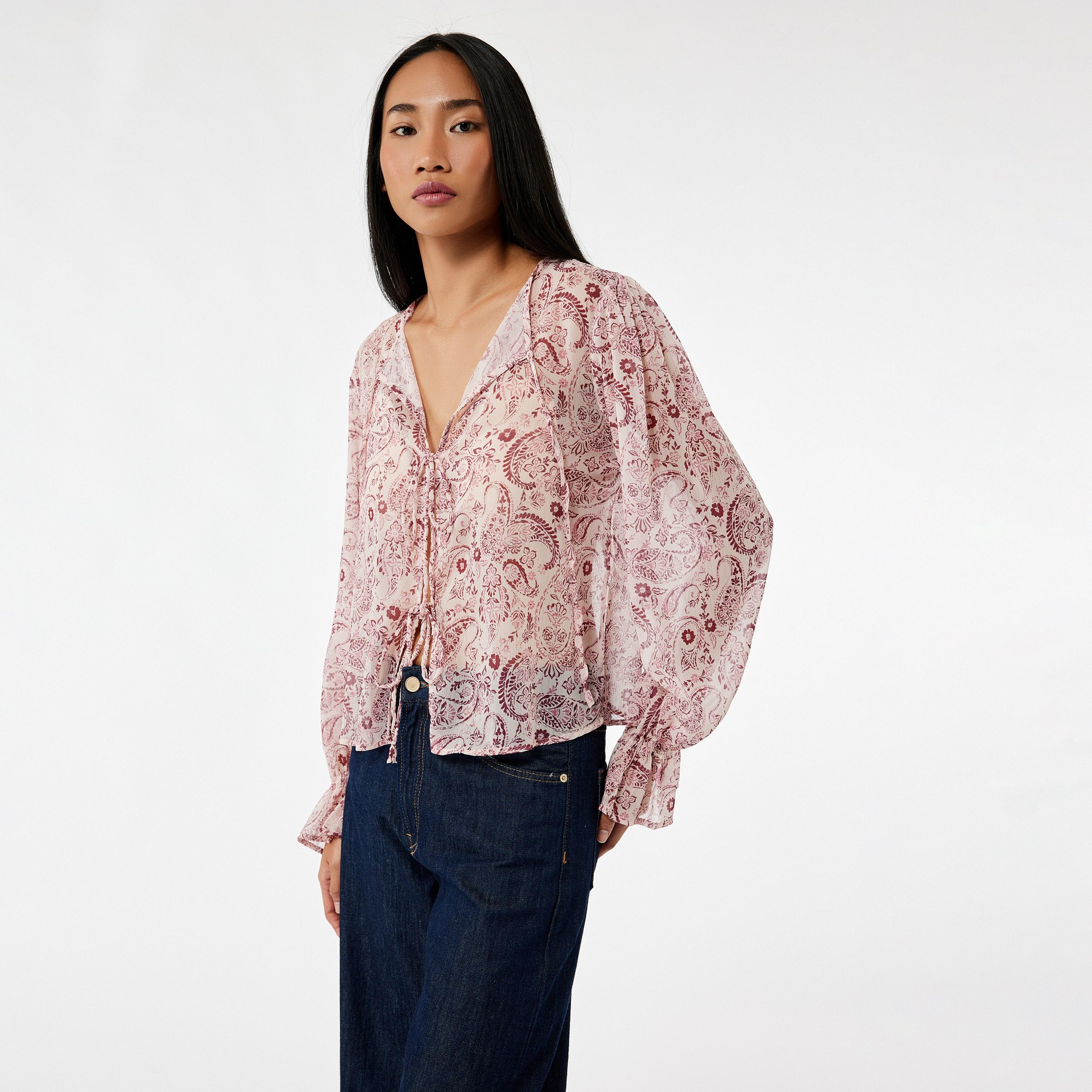 KOTON Pink Paisley Tie-Up Neck Women's Top-women-clothing-shirtsandblouses-blouses-image-3