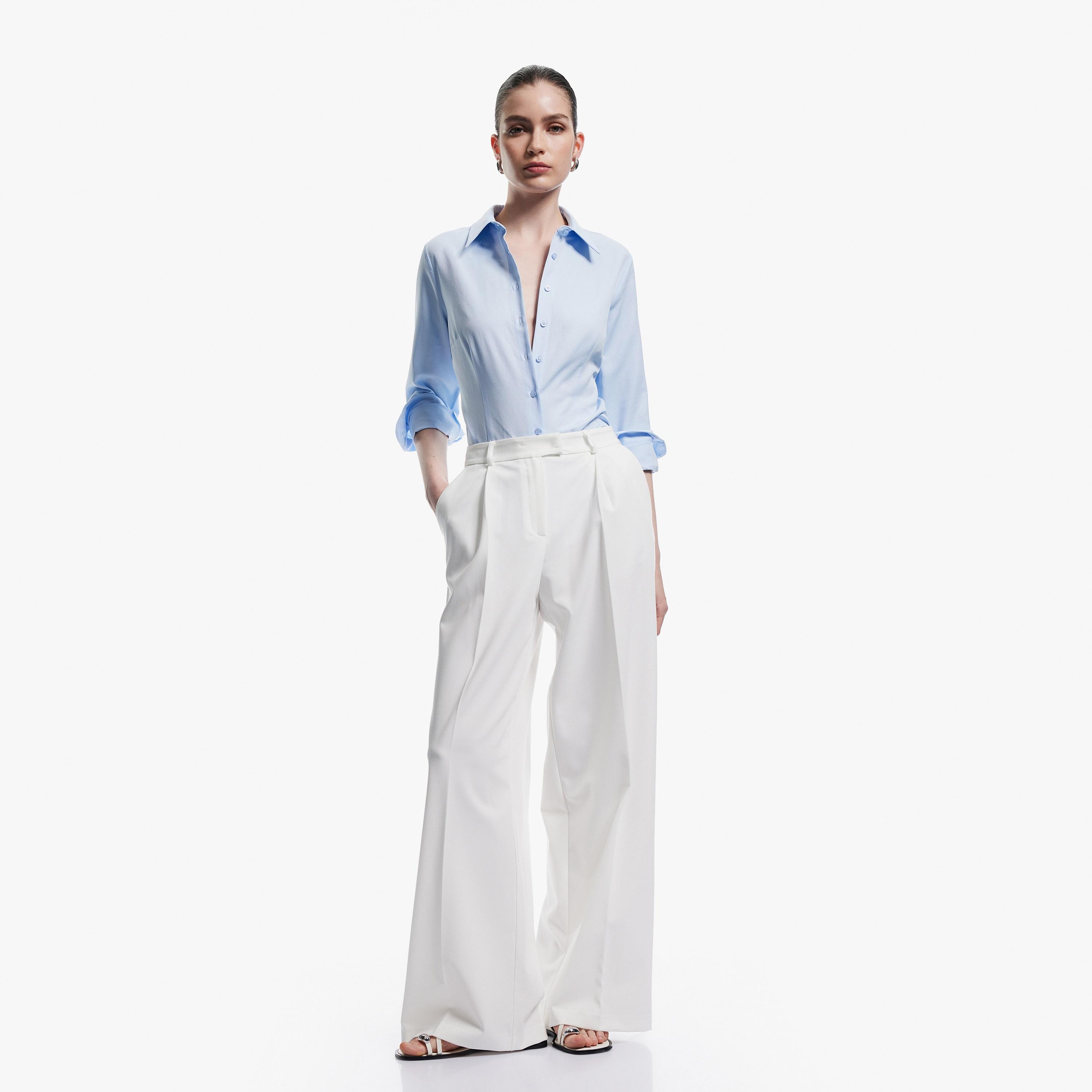 قميص نسائي بلون أزرق وياقة مفرودة من كوتون-women-clothing-shirtsandblouses-shirts-image-2
