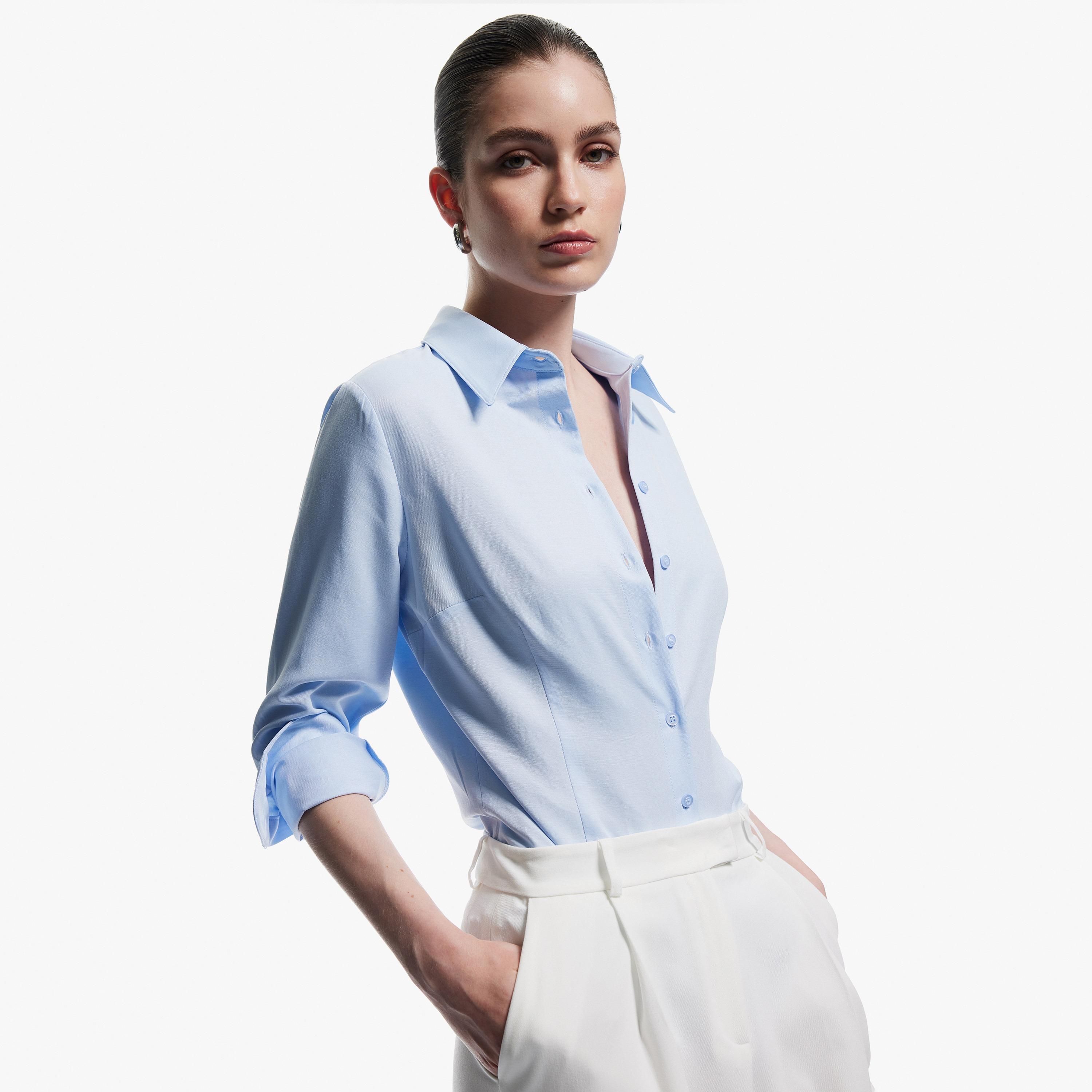 قميص نسائي بلون أزرق وياقة مفرودة من كوتون-women-clothing-shirtsandblouses-shirts-image-3