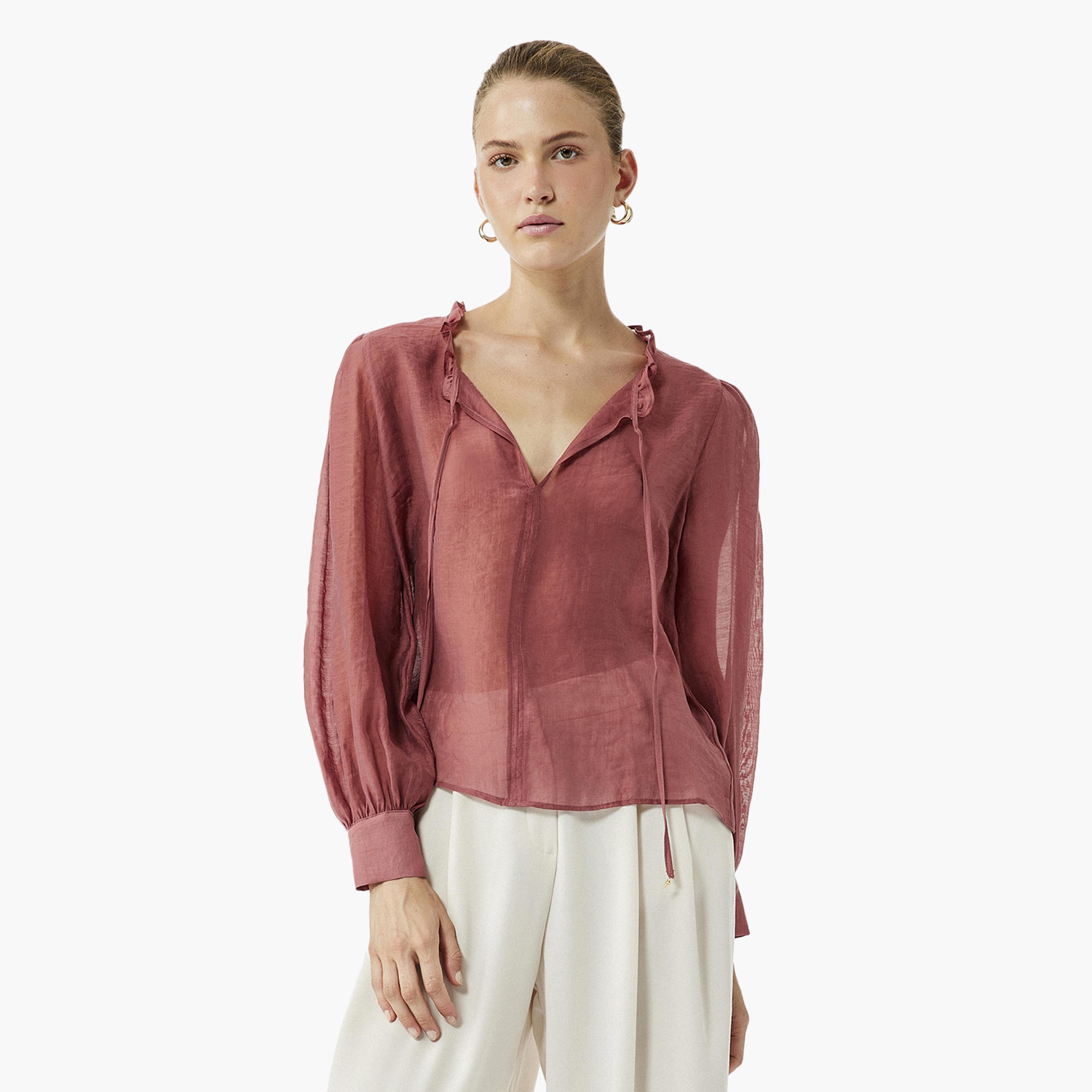 بلوزة نسائية وردية برباط للرقبة من كوتون-women-clothing-shirtsandblouses-blouses-image-1