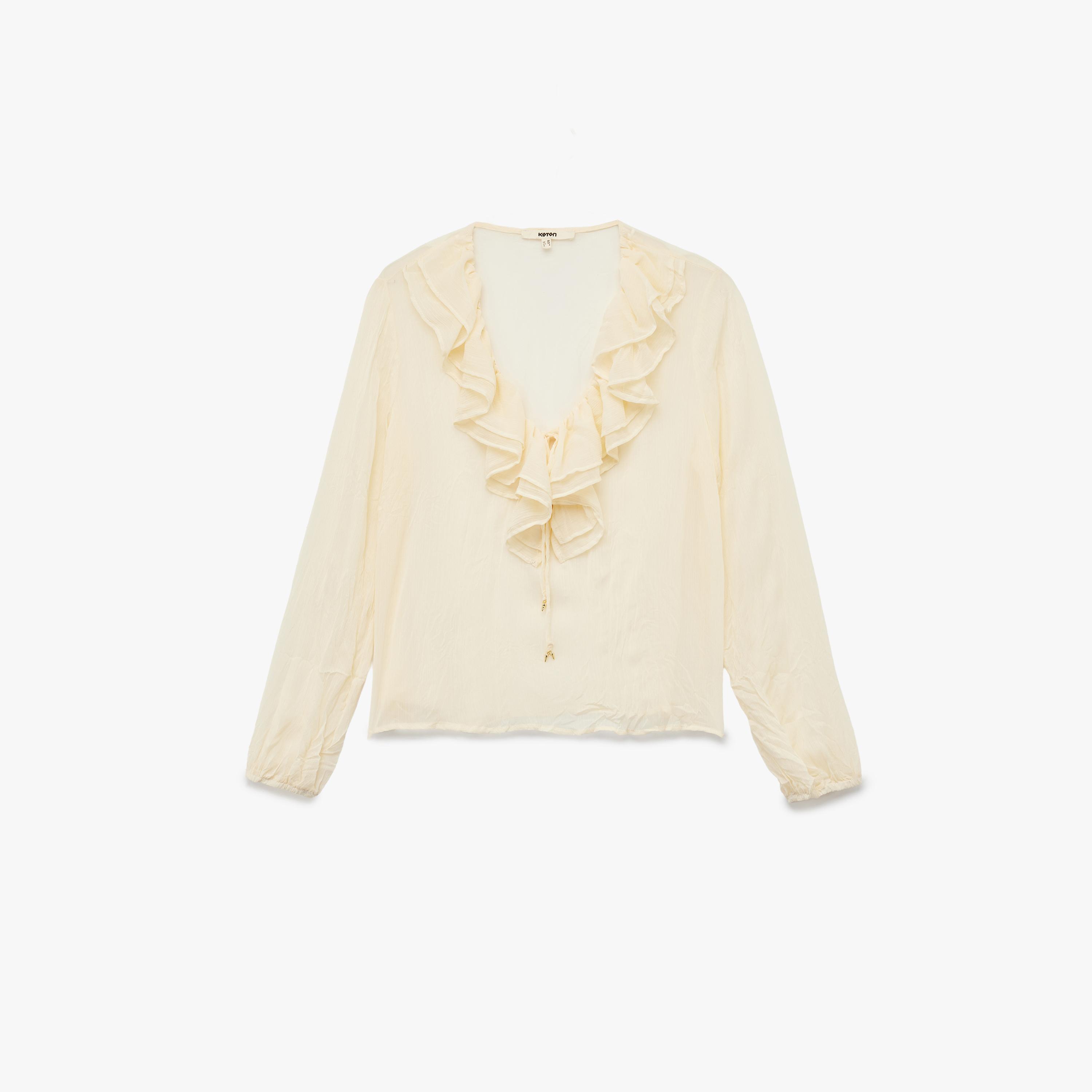بلوزة نسائية مكشكشة بلون كريمي من كوتون-women-clothing-shirtsandblouses-blouses-image-4