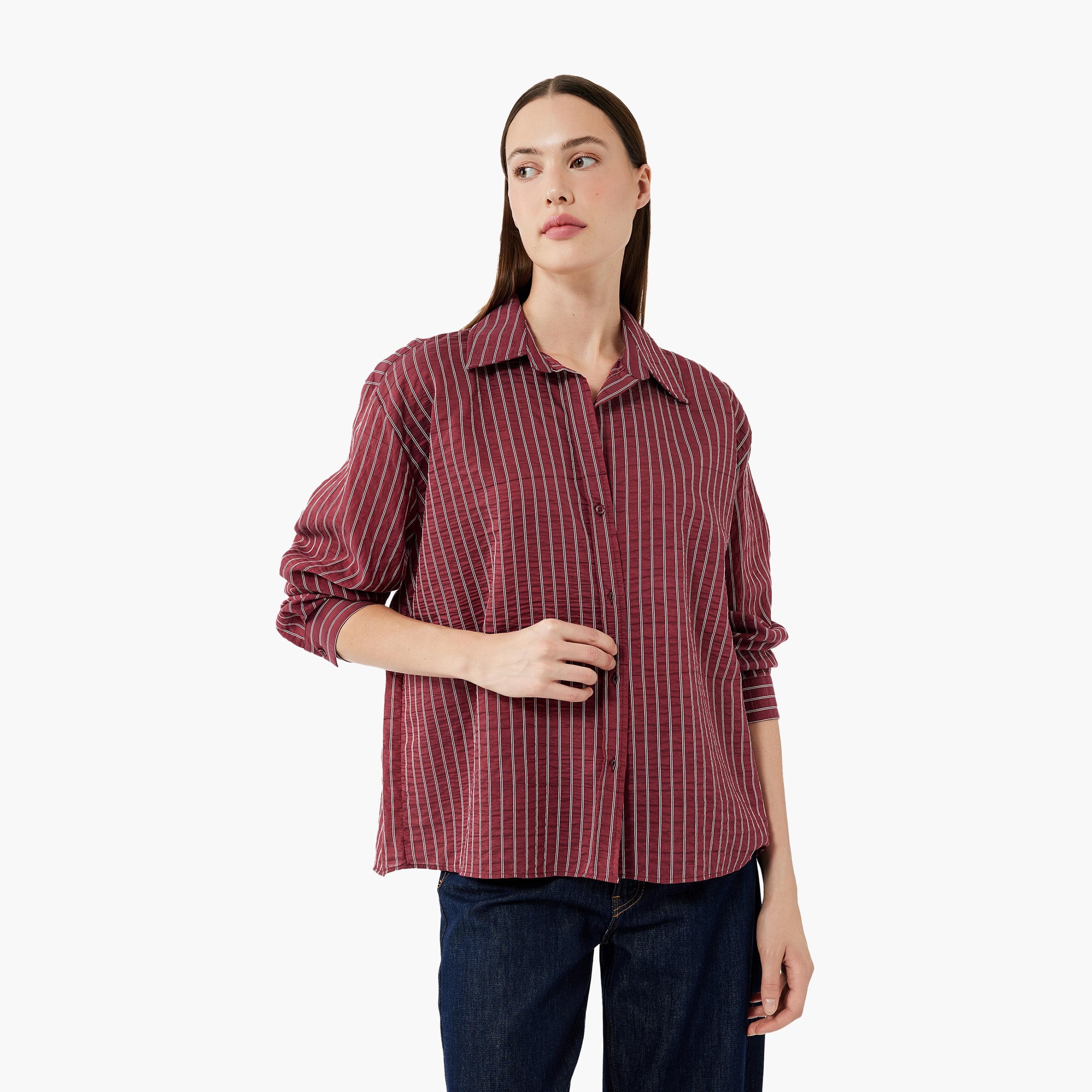 KOTON Red Striped Collared Women's Shirt-women-clothing-shirtsandblouses-shirts-image-1